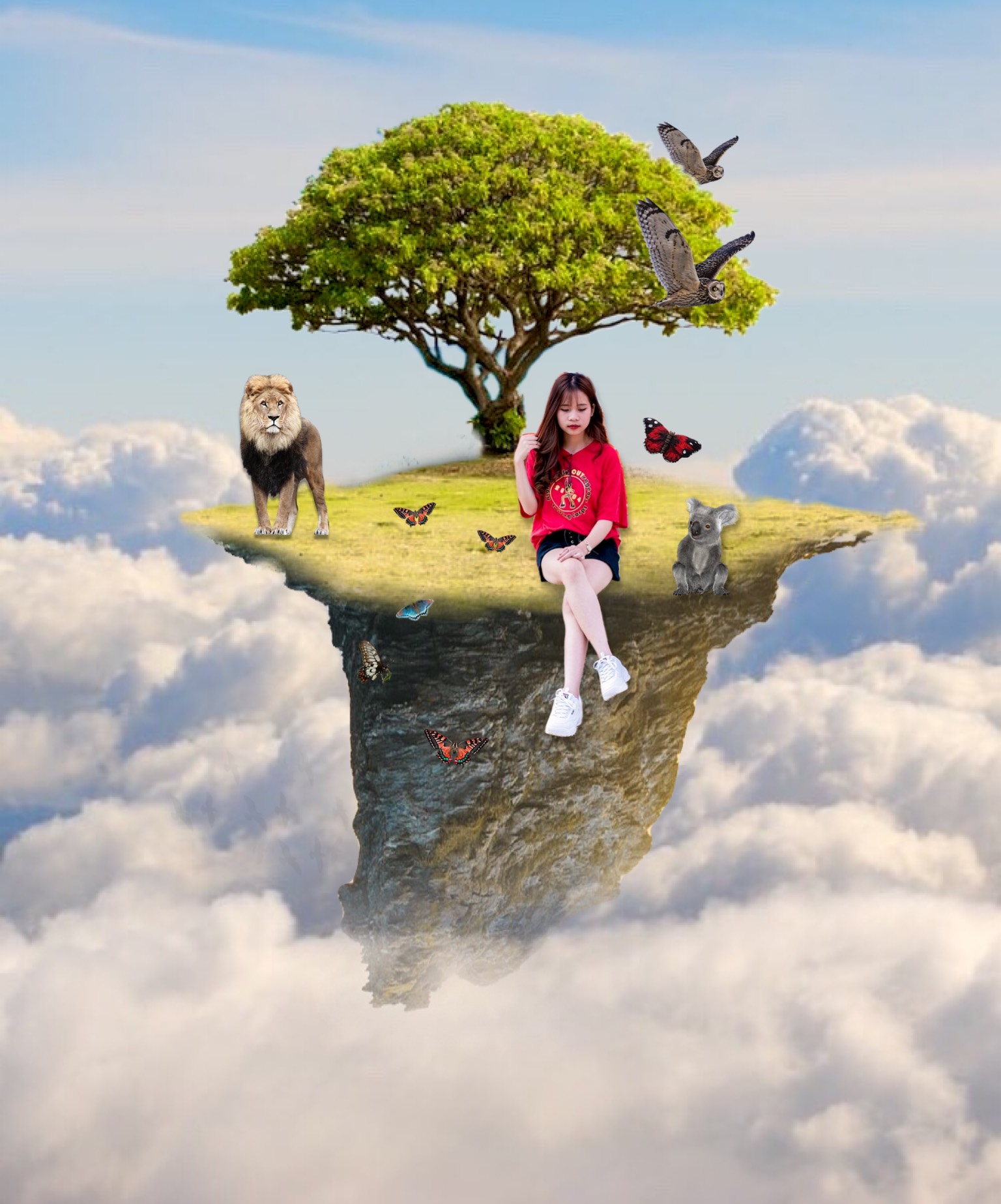 Woman sitting under the tree in the clouds with a lion collage art template