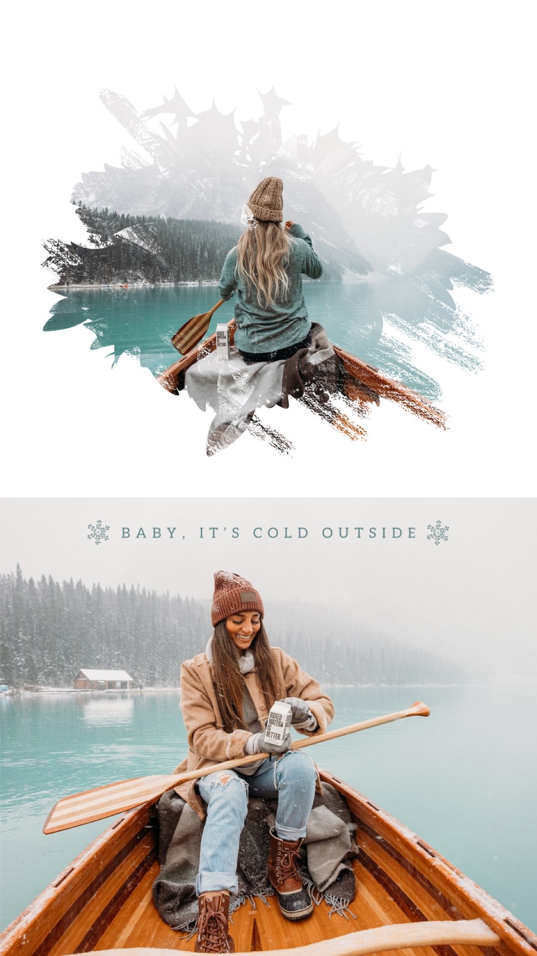Baby, it's cold outside! Woman on a boat in the lake Winter Story template