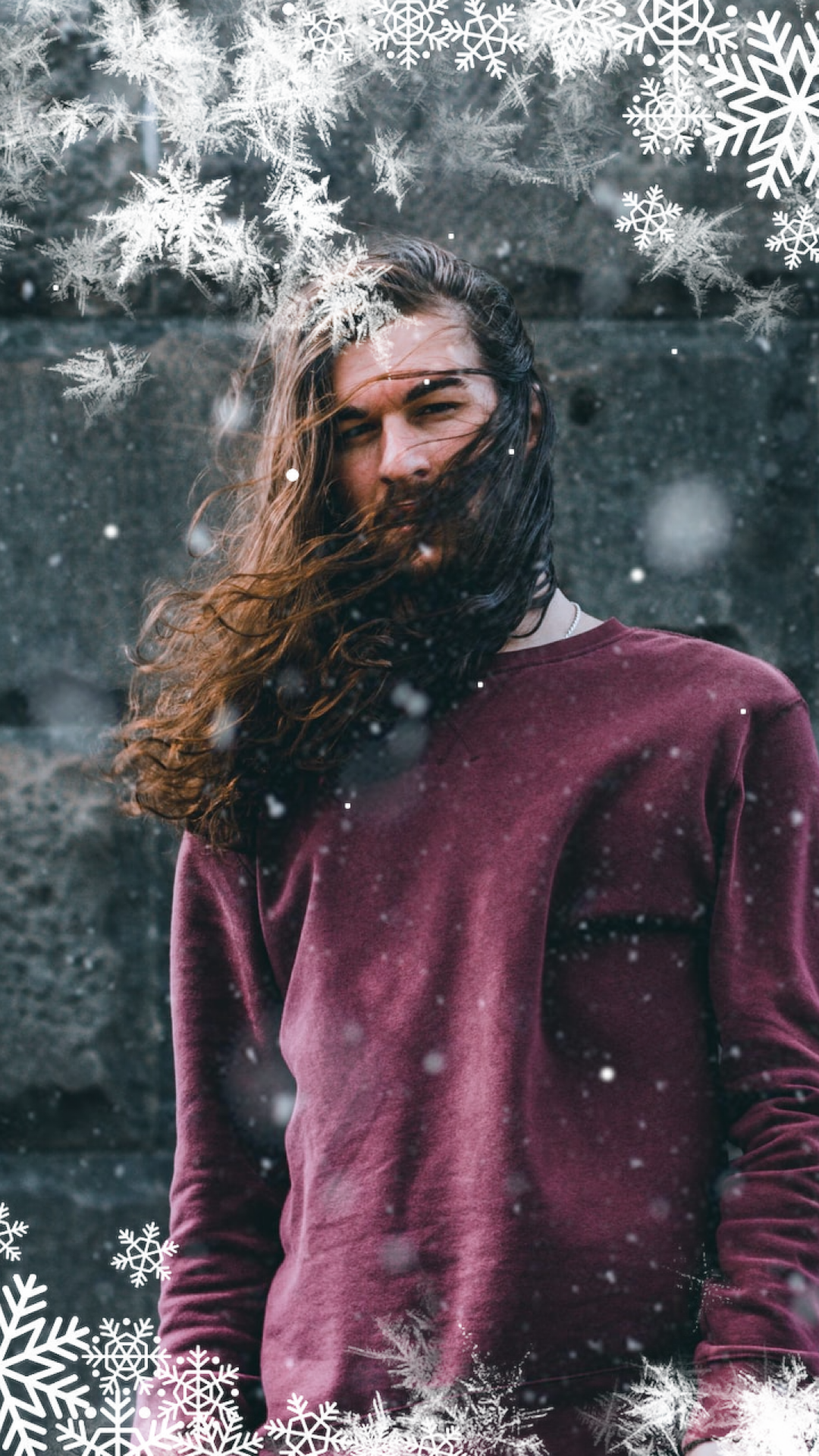 A Man With Long Hair And A Beard Standing In Front Of Snowflakes Winter Story Template