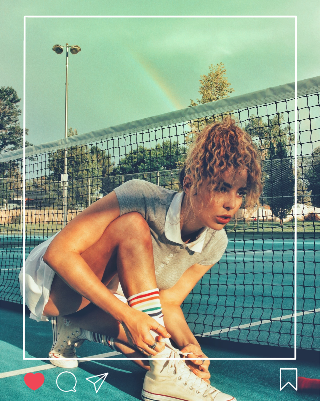 Instagram post frame with a like and woman that is playing tennis portrait