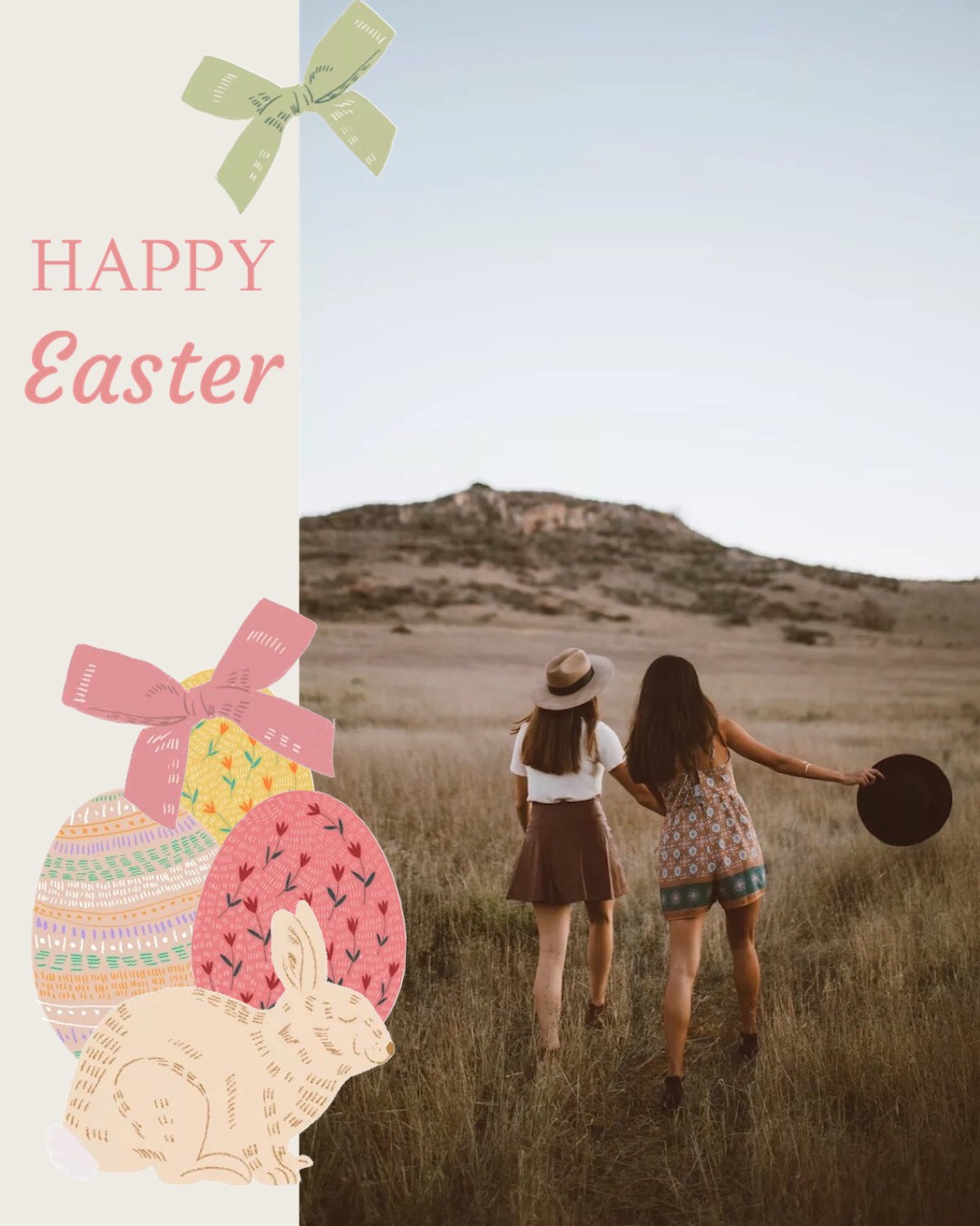 Two Girls Walking Through A Field Holding Hands Happy Easter Template