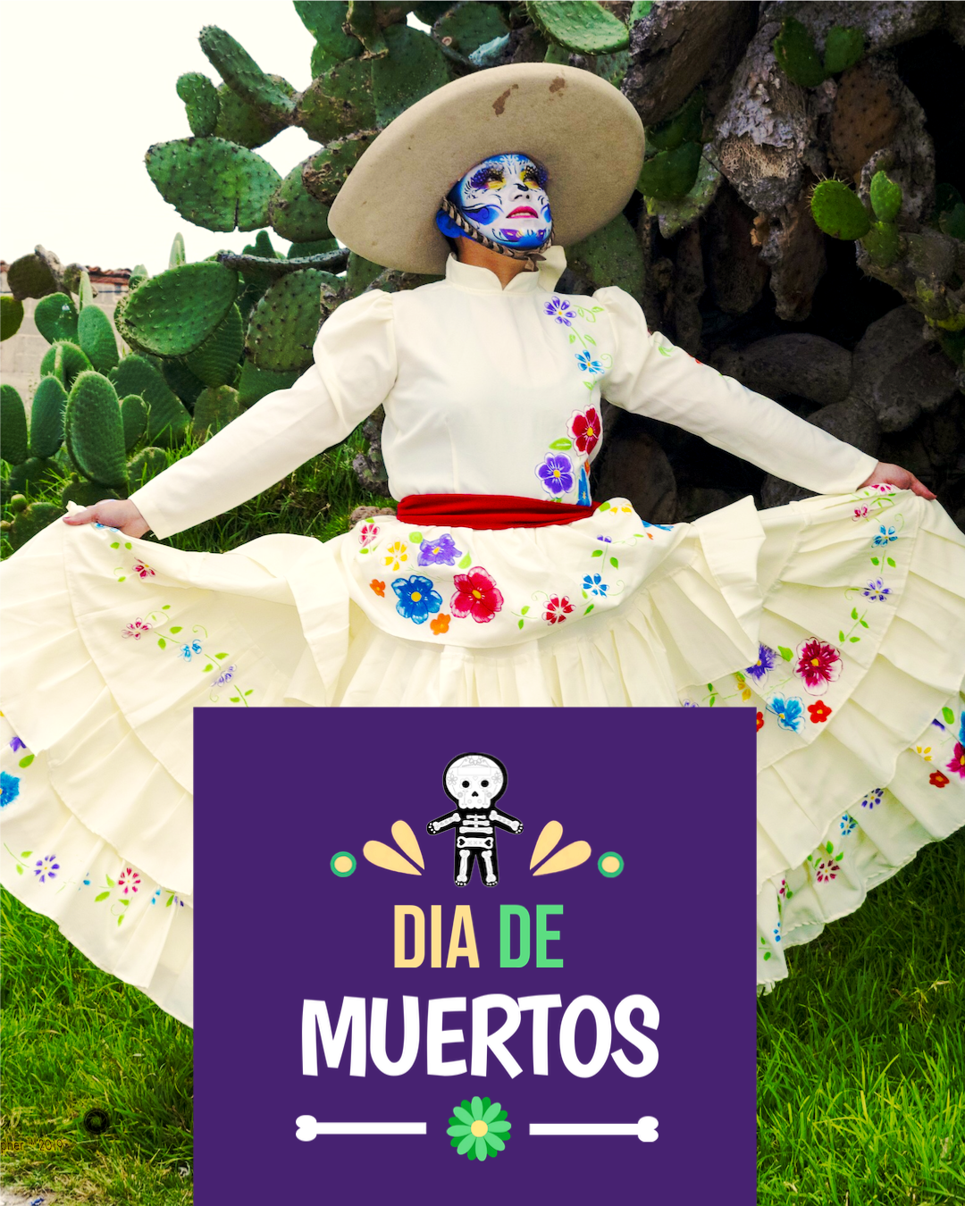 A Woman In A Mexican Costume Holding A Sign Day Of The Dead Template