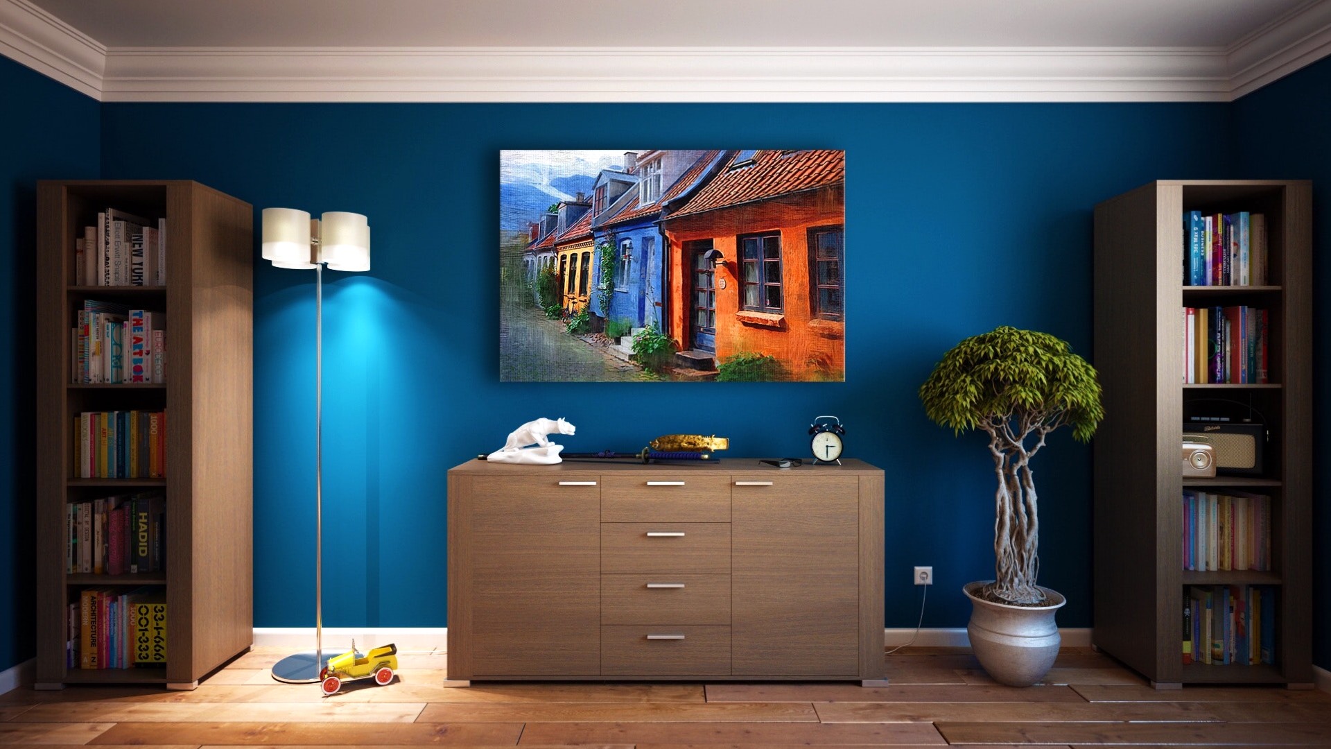 A Room With Blue Walls And A Painting On The Wall Zoom Backgrounds Template