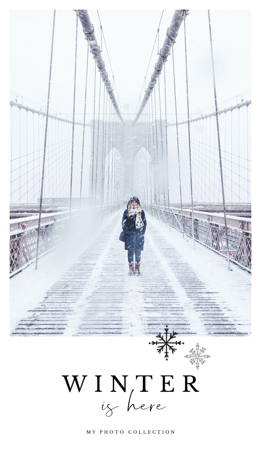 A Person Walking Across A Bridge In The Snow Winter Story Template