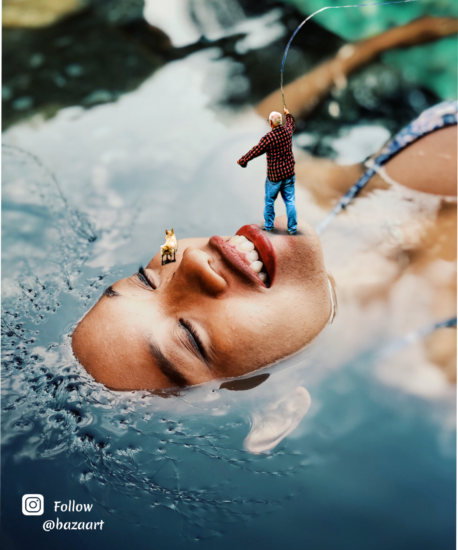 Man fishing on woman's face while she swims collage art template