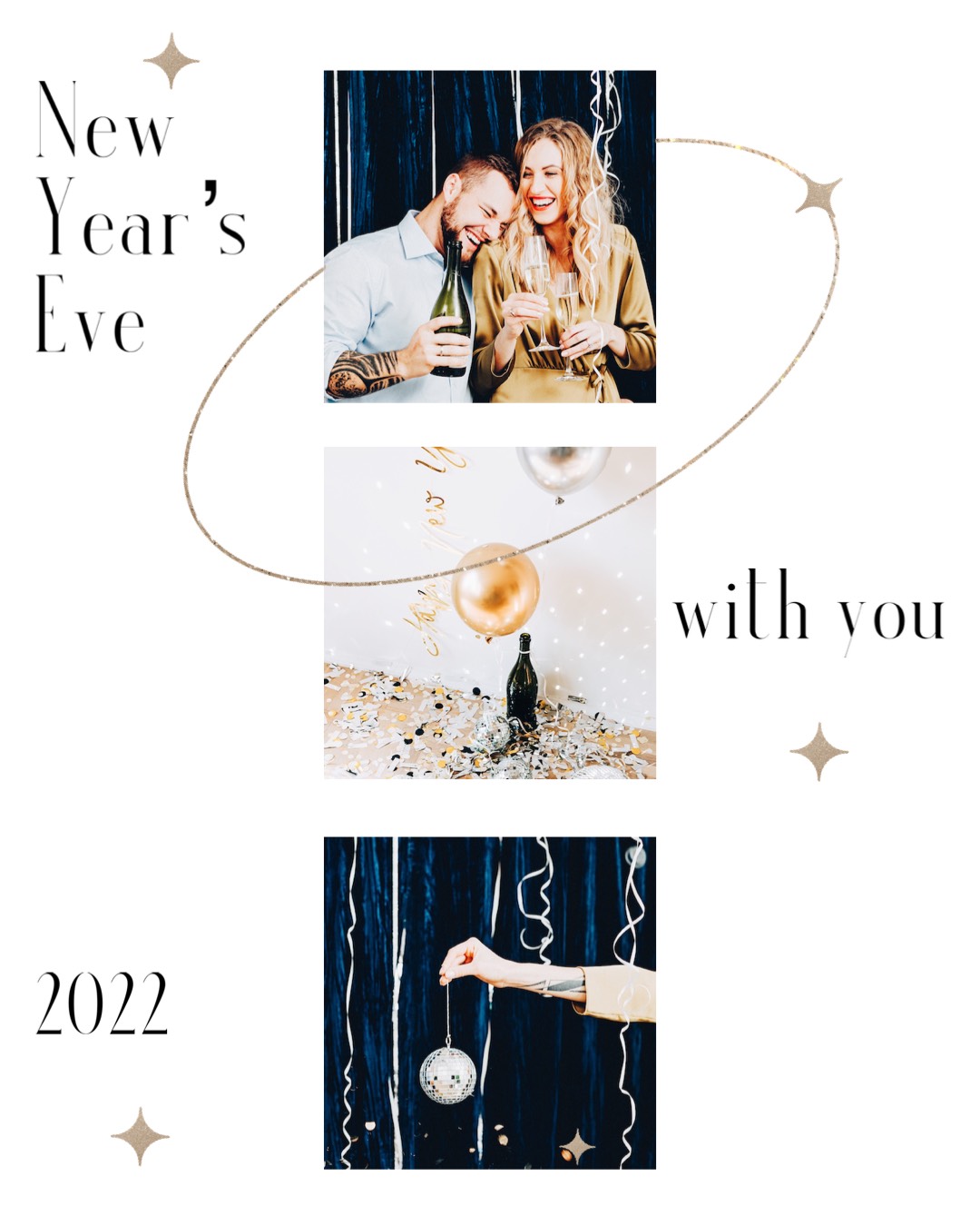 New year's eve with champagne, balloons and disco ball Happy New Year template