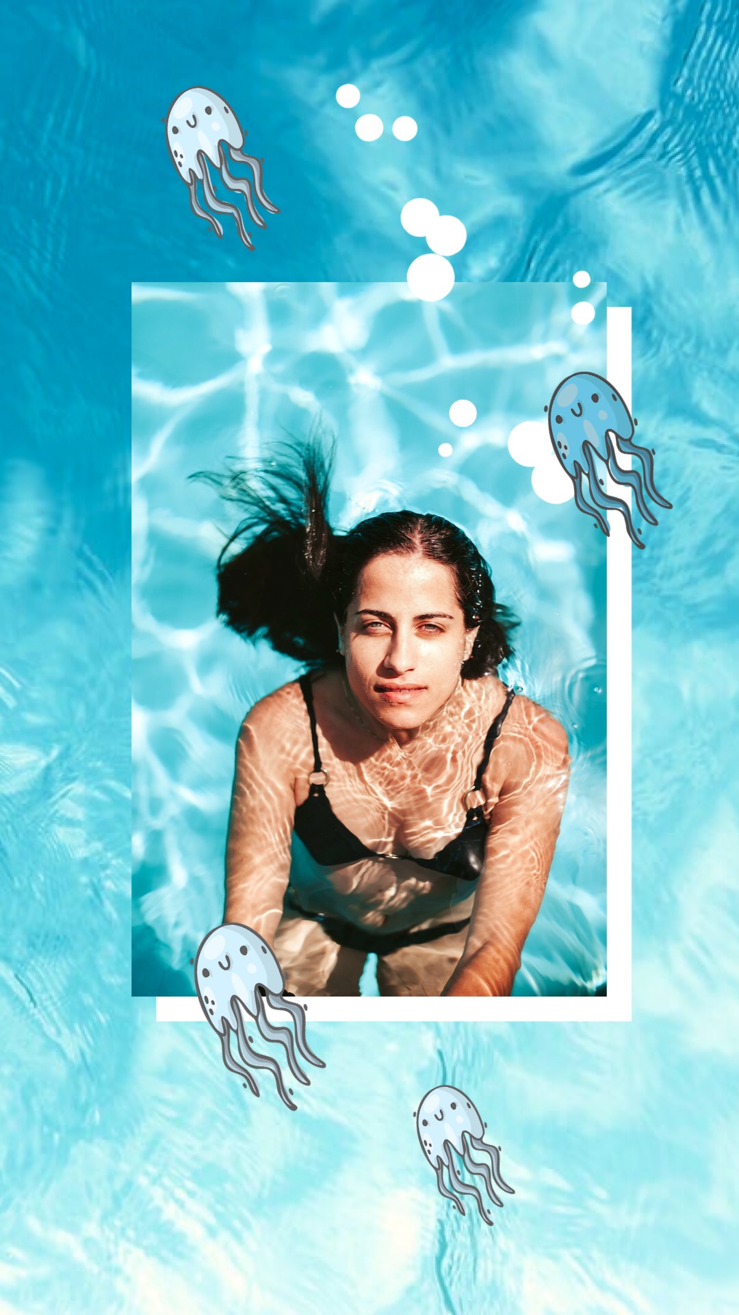 Woman swimming with jellyfish cartoon summer story template