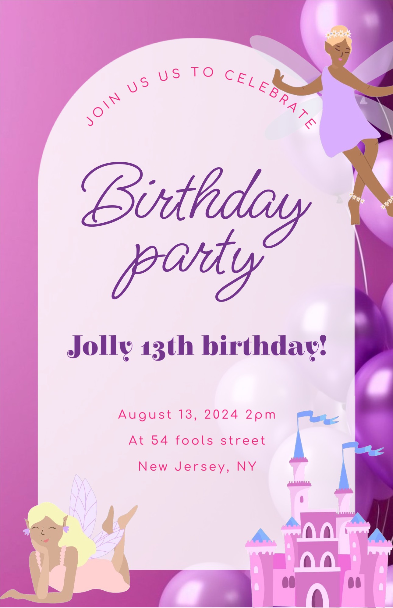 fairytale purple and pink Birthday Invitation template 