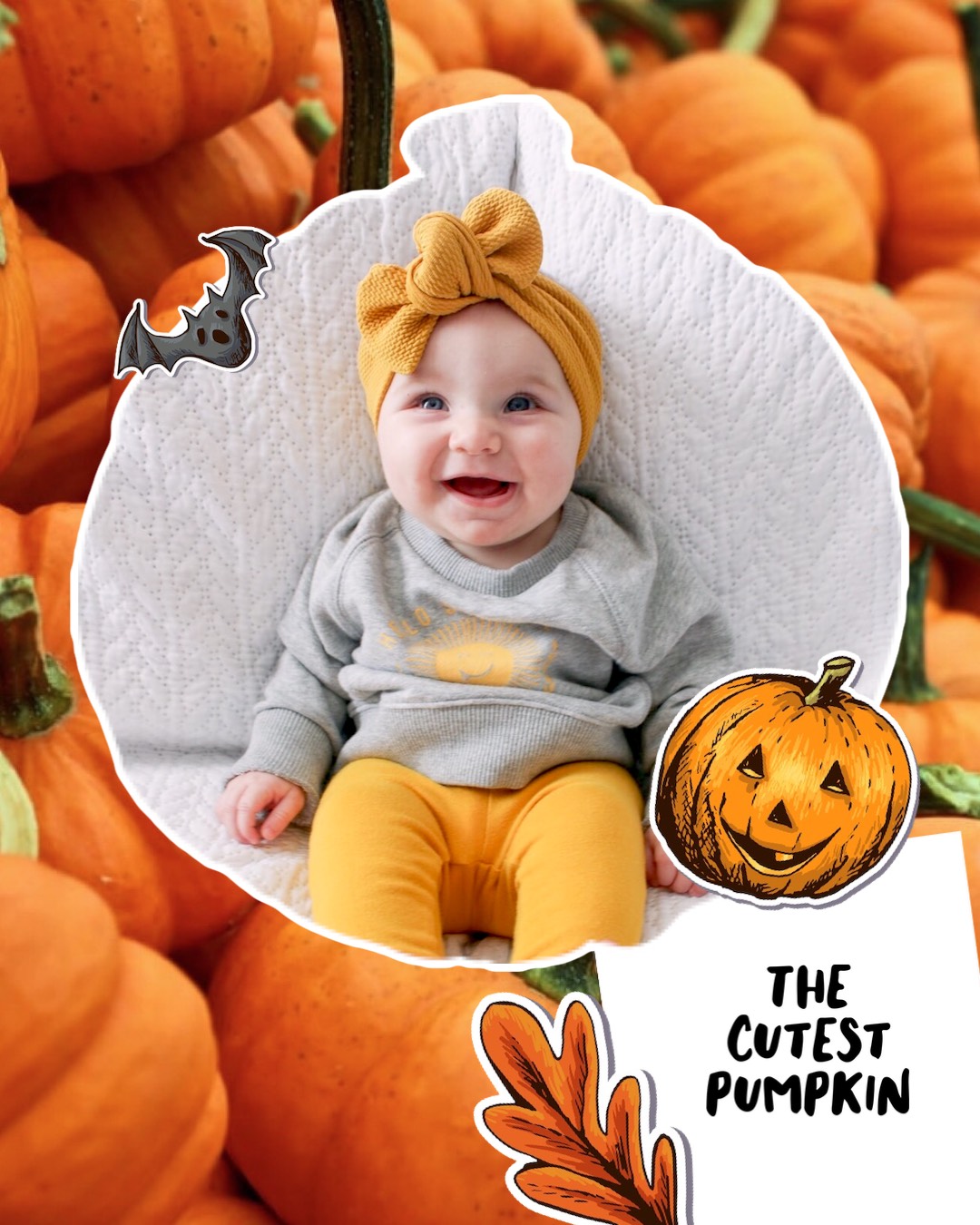 A Baby In A Pumpkin Costume Sitting On A Pile Of Pumpkins Halloween Template