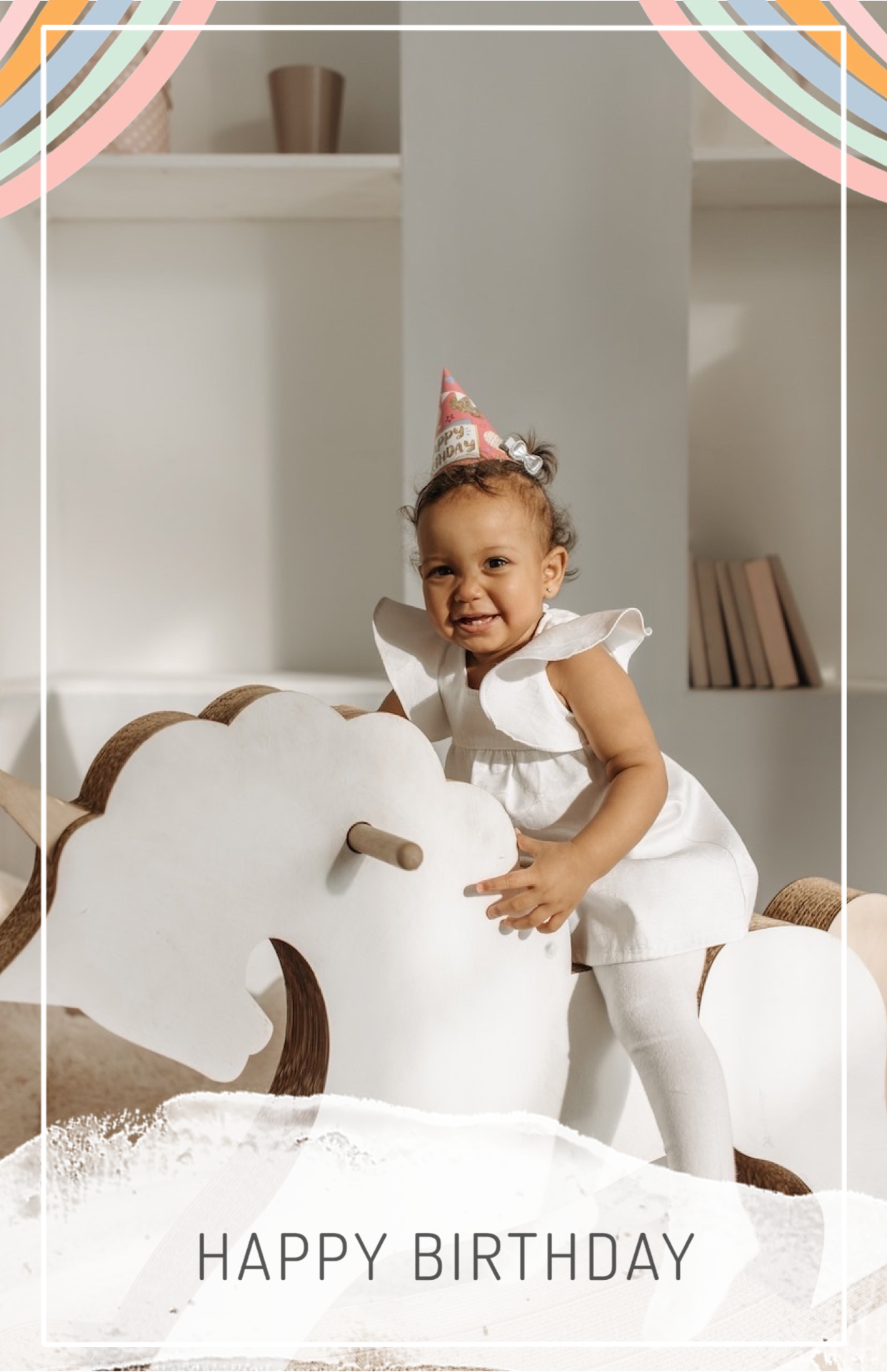 Child playing with unicorn wearing a crown happy birthday template