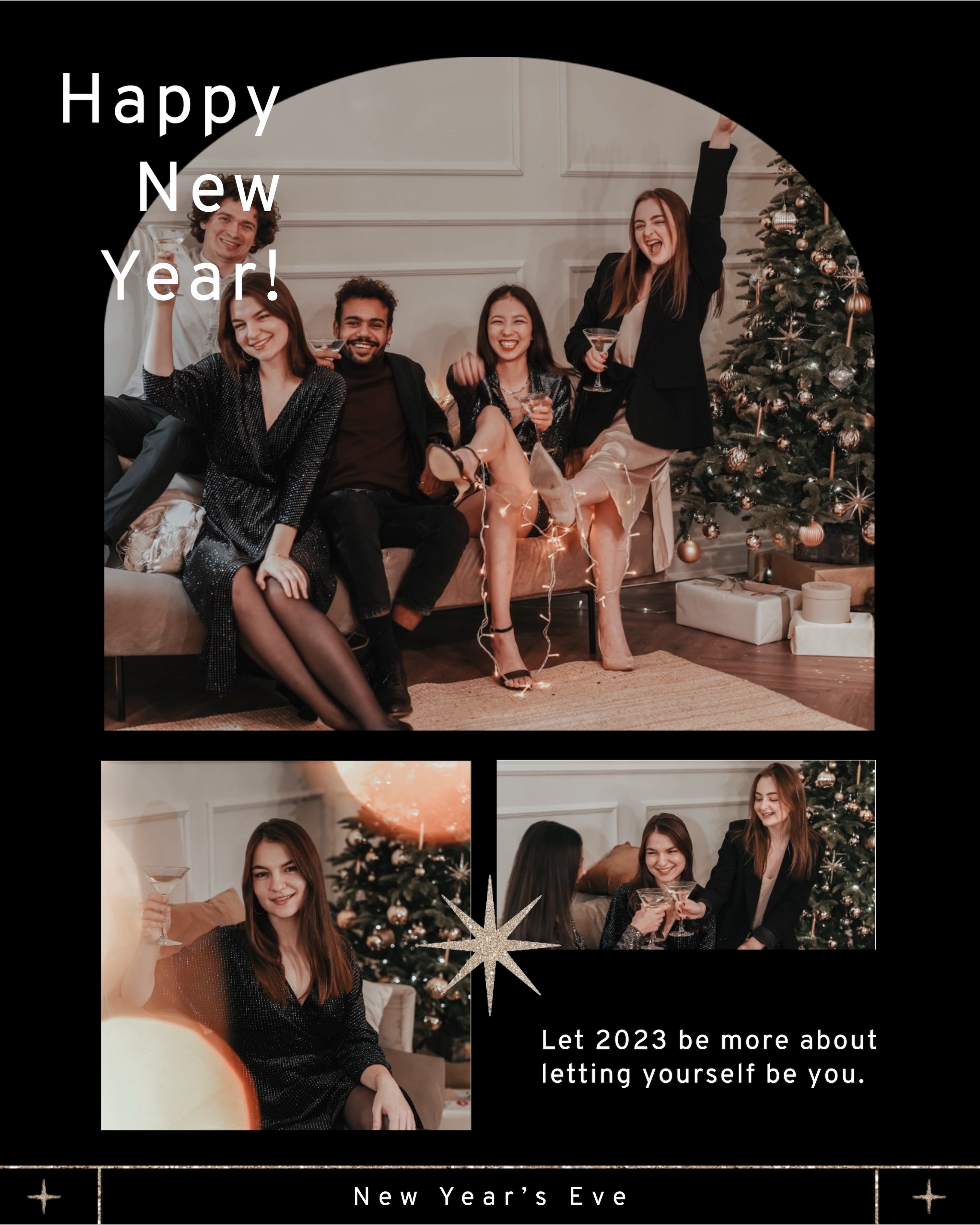 A Group Of People Sitting Around A Christmas Tree Happy New Year Template