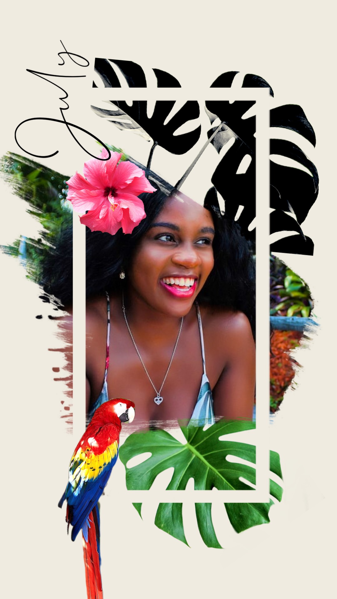 Woman smiling with leaf and parrot background summer story template