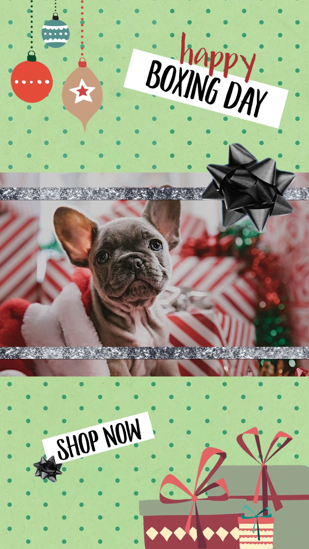 Cute pug and christmas decorations boxing day sale flyer template  
