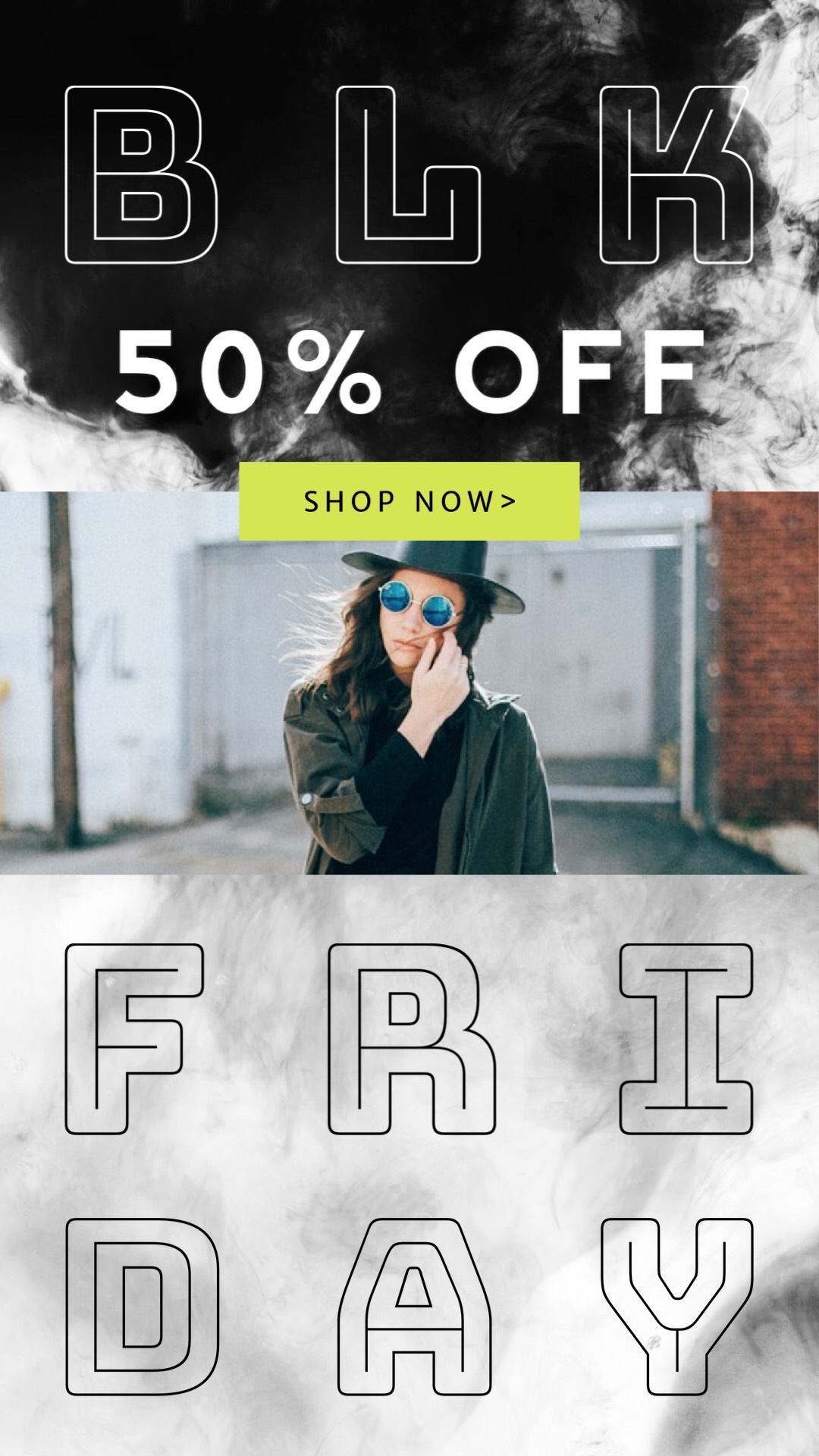 Woman outside wearing hat and sunglasses black friday sale brochure template