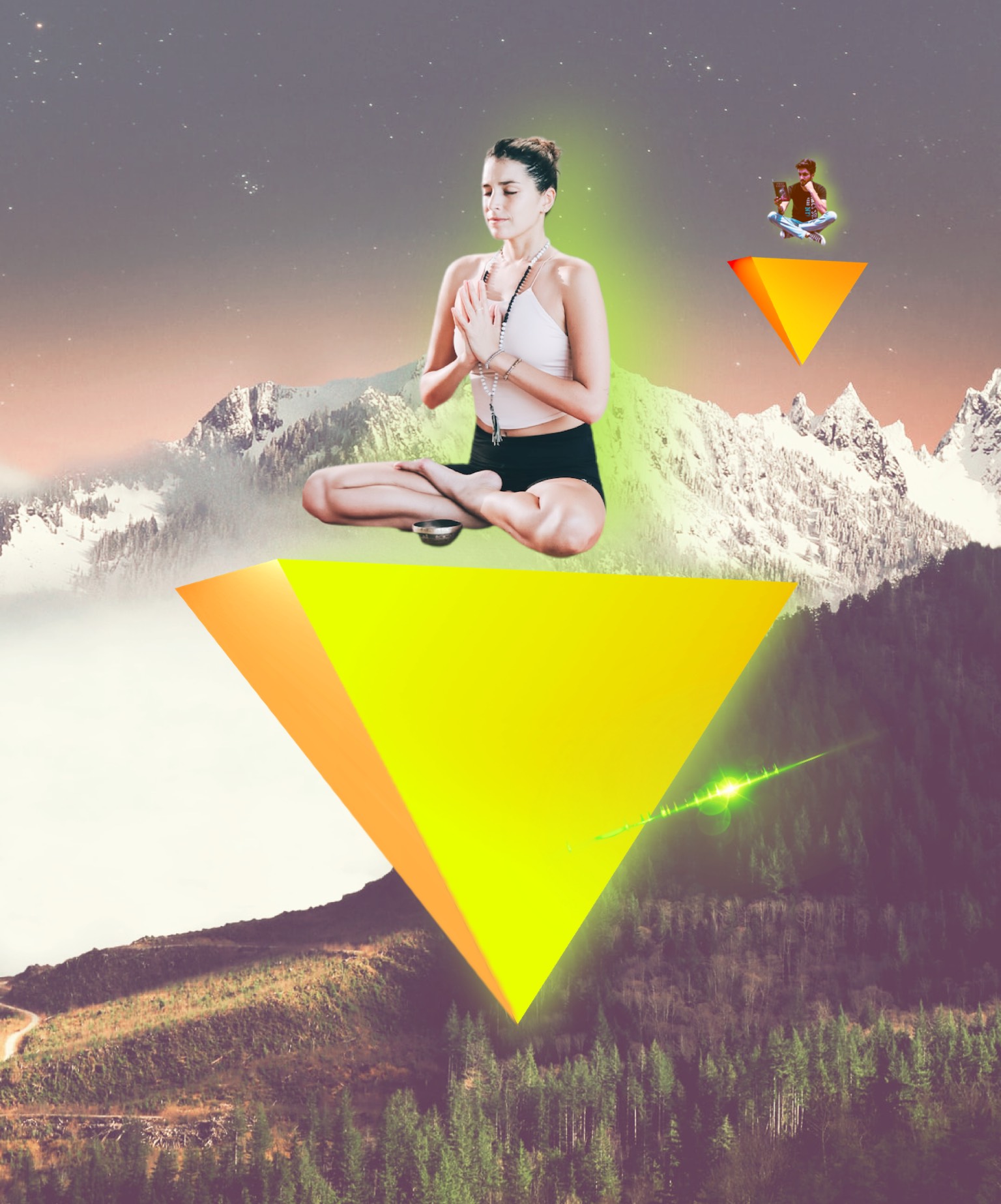 Woman meditating in the air next to mountains collage art template