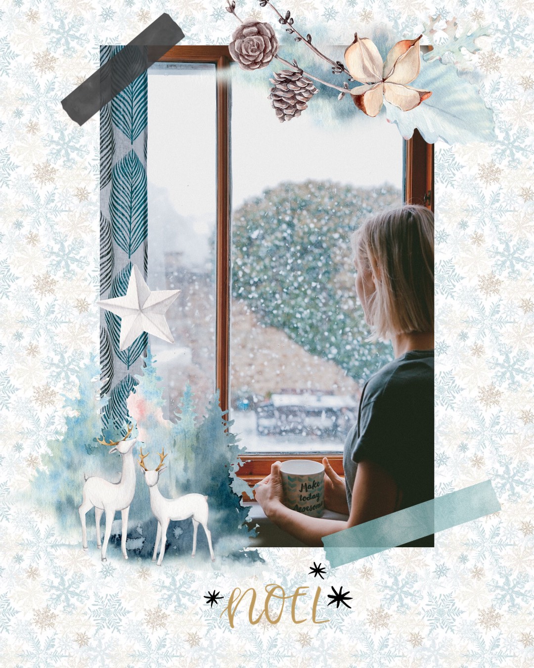 Woman in the window looking at the snow Merry Christmas template