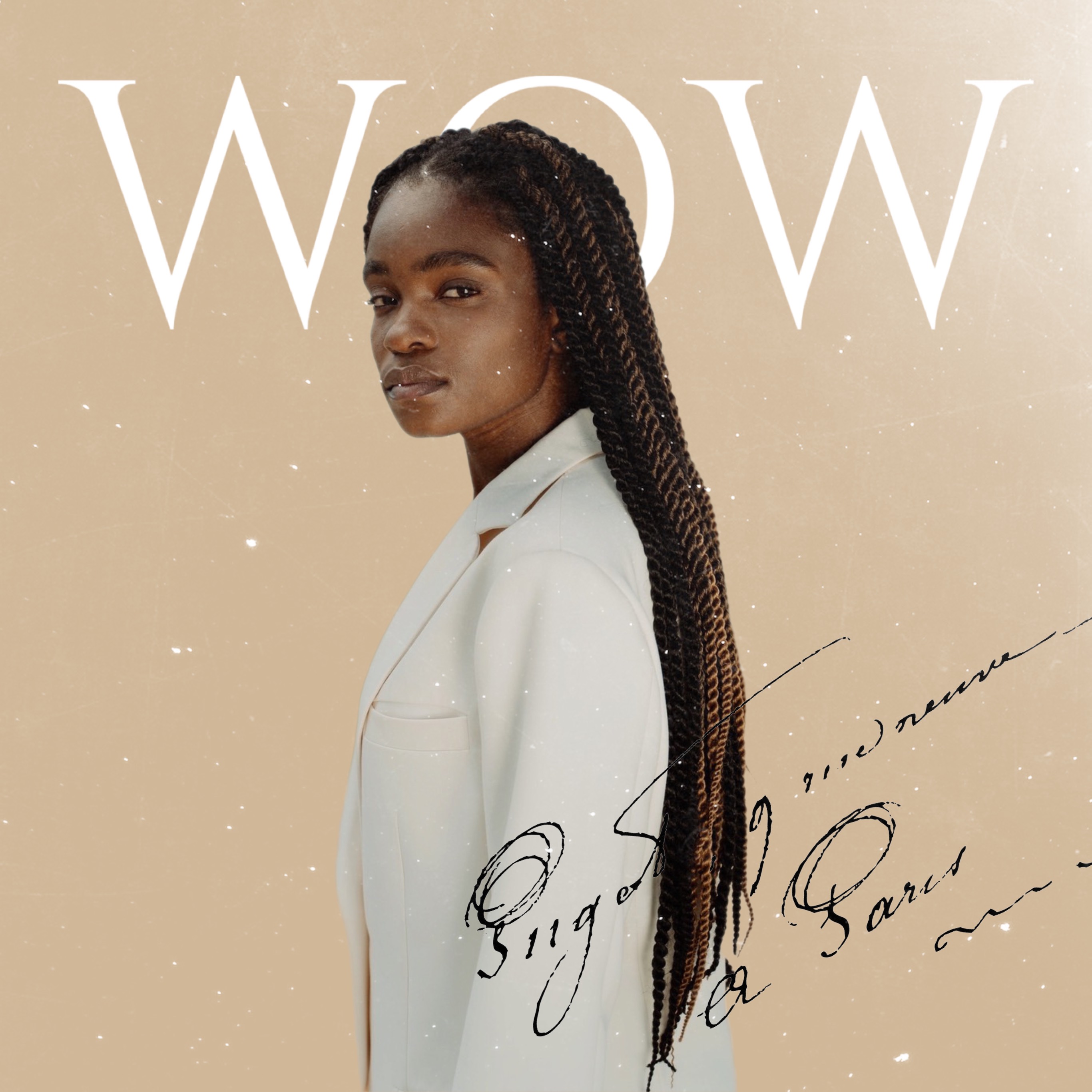 Profile Pic Of Woman With Long Hair And White Suit Behind A wow Background With Signature