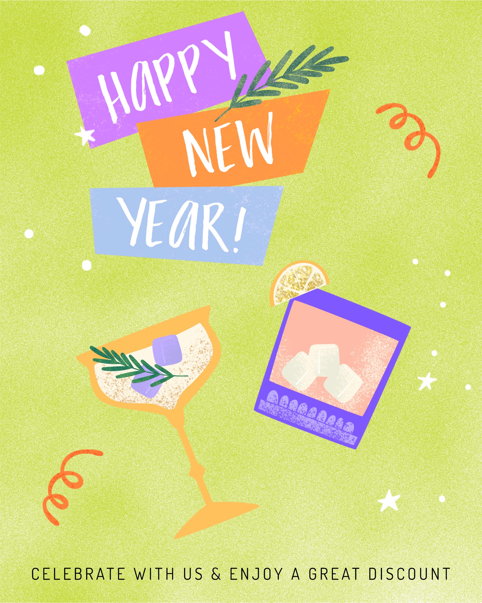 colorful cocktail illustrations Happy New Year green risograph Template