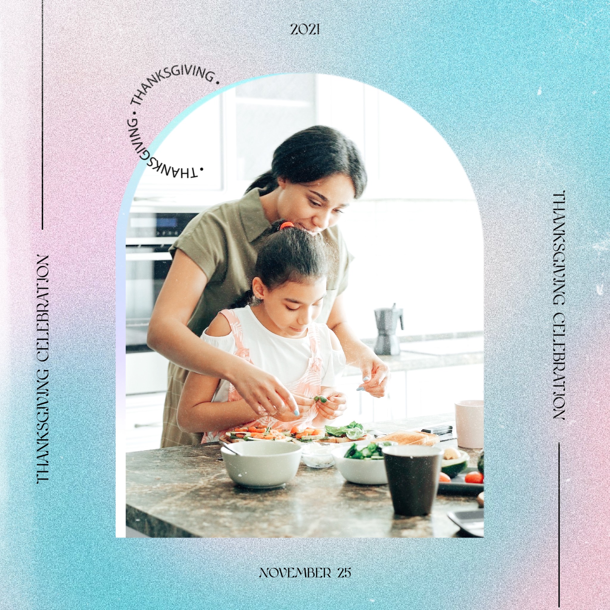 A Woman Helping A Child Prepare Food In A Bowl Thanksgiving Template
