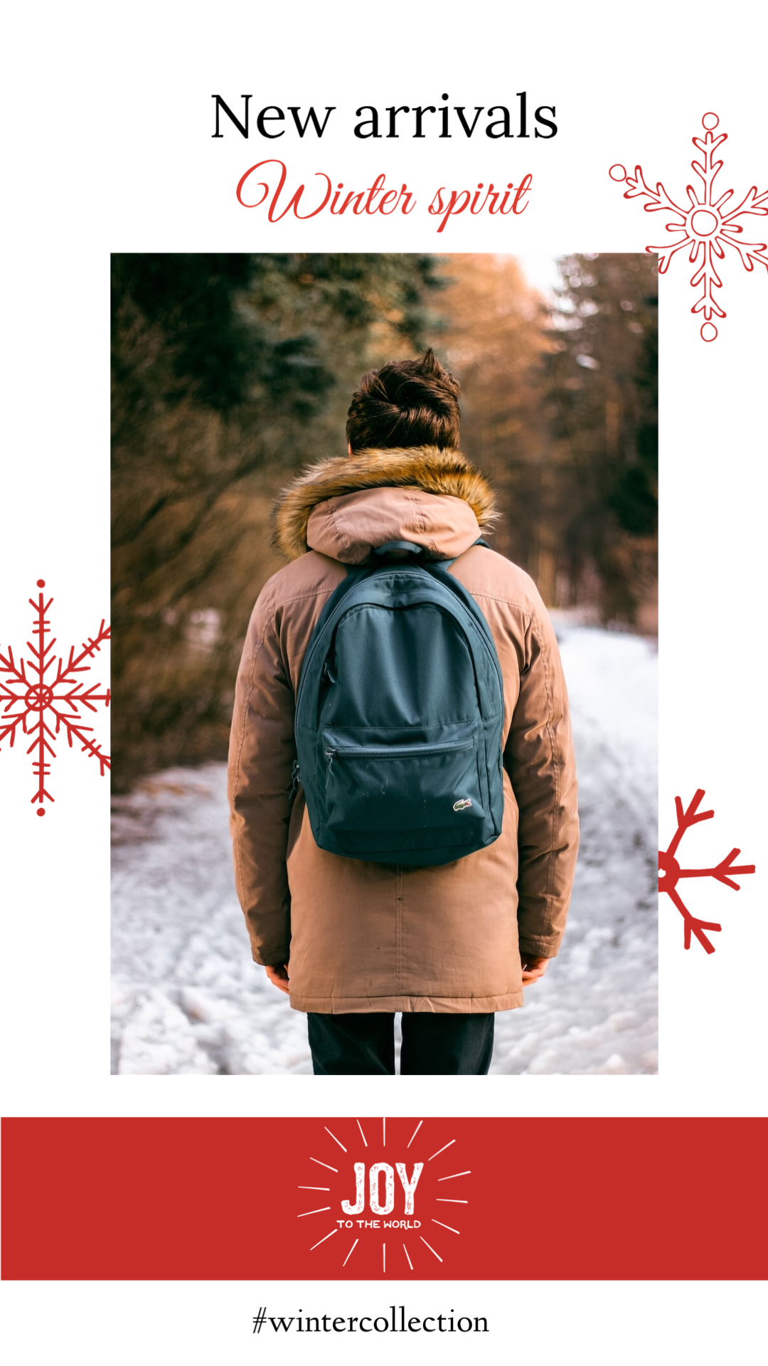 New Arrivals Winter Spirit Person With A Backpack Walking In The Snow Template