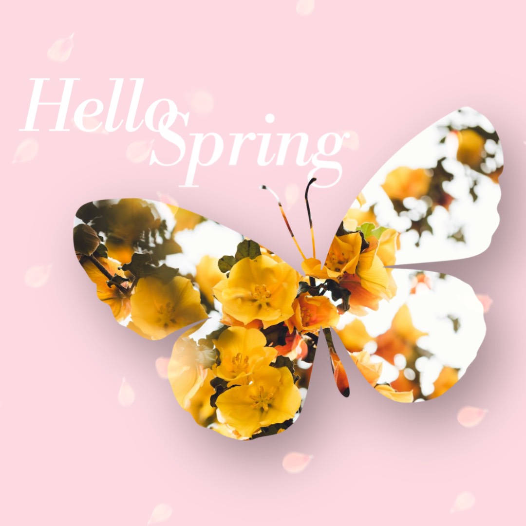 A photo Of Flowers in a butterfly shape Hello Spring Template