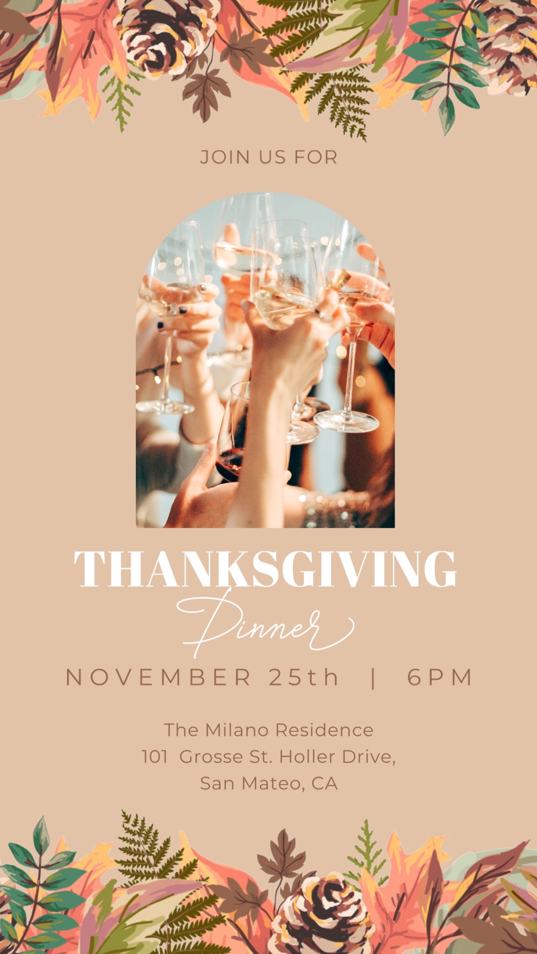 A Flyer For A Thanksgiving Dinner With A Picture Of People Holding Wine Glasses Thanksgiving Template