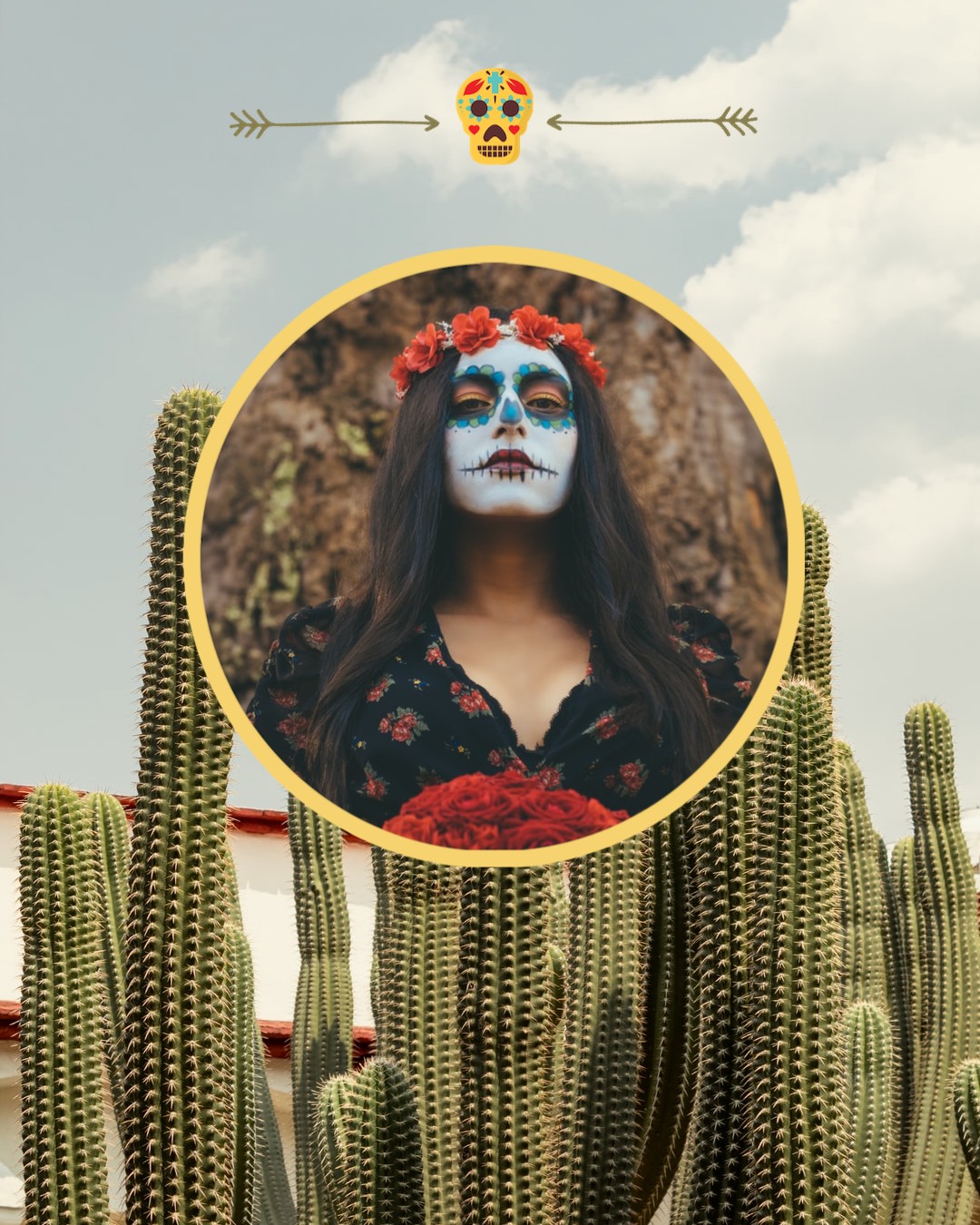 A Woman With Makeup Painted In The Shape Of A Skull Surrounded By Cacti Day Of The Dead Template