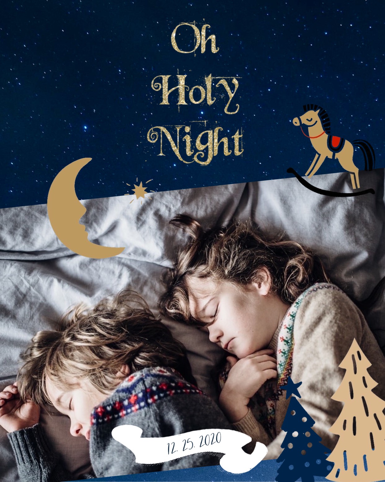 Boy and girl sleeping "holy night" Merry Christmas template