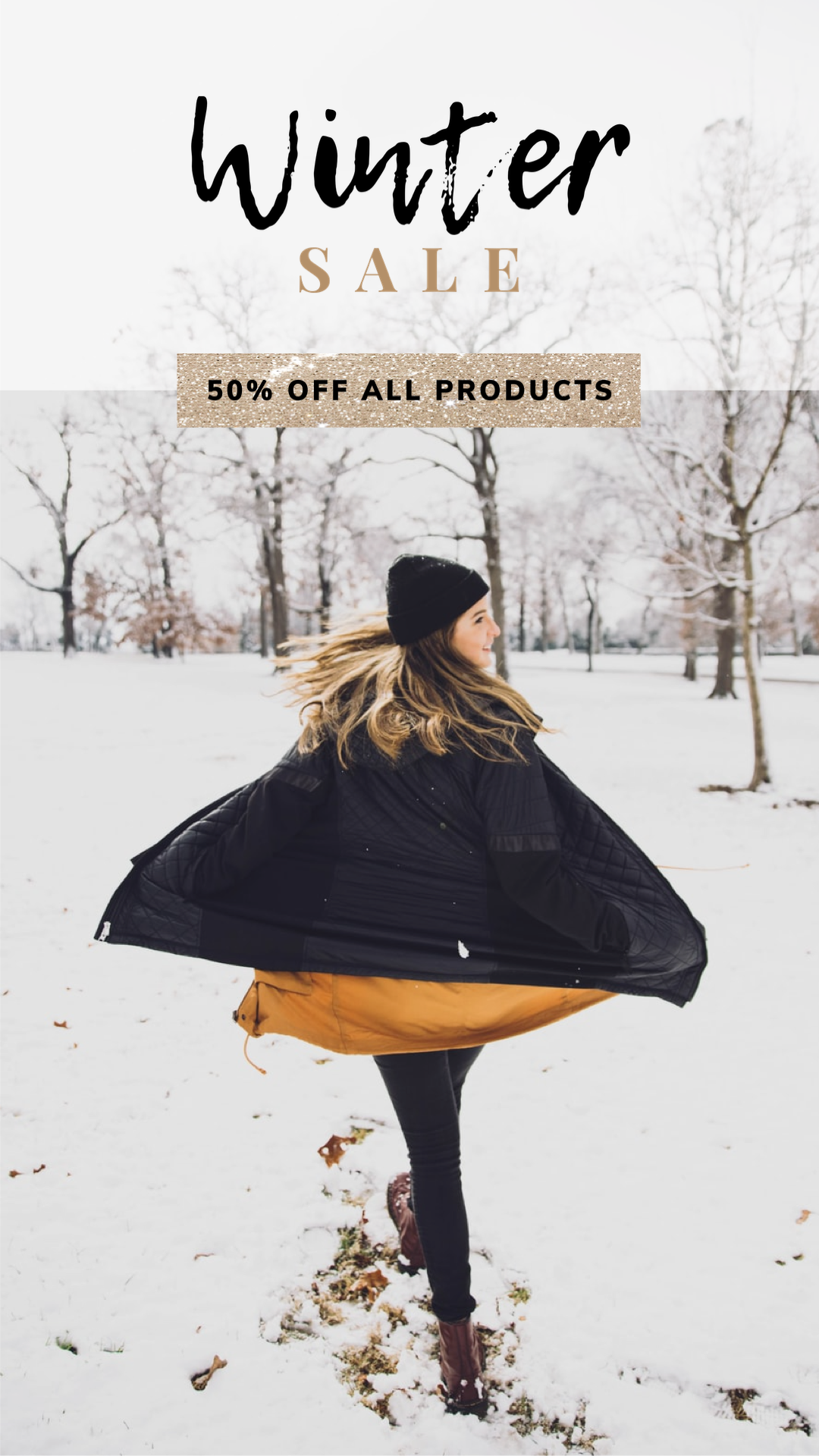 A Woman Walking In The Snow Wearing A Black Coat Winter Story Template