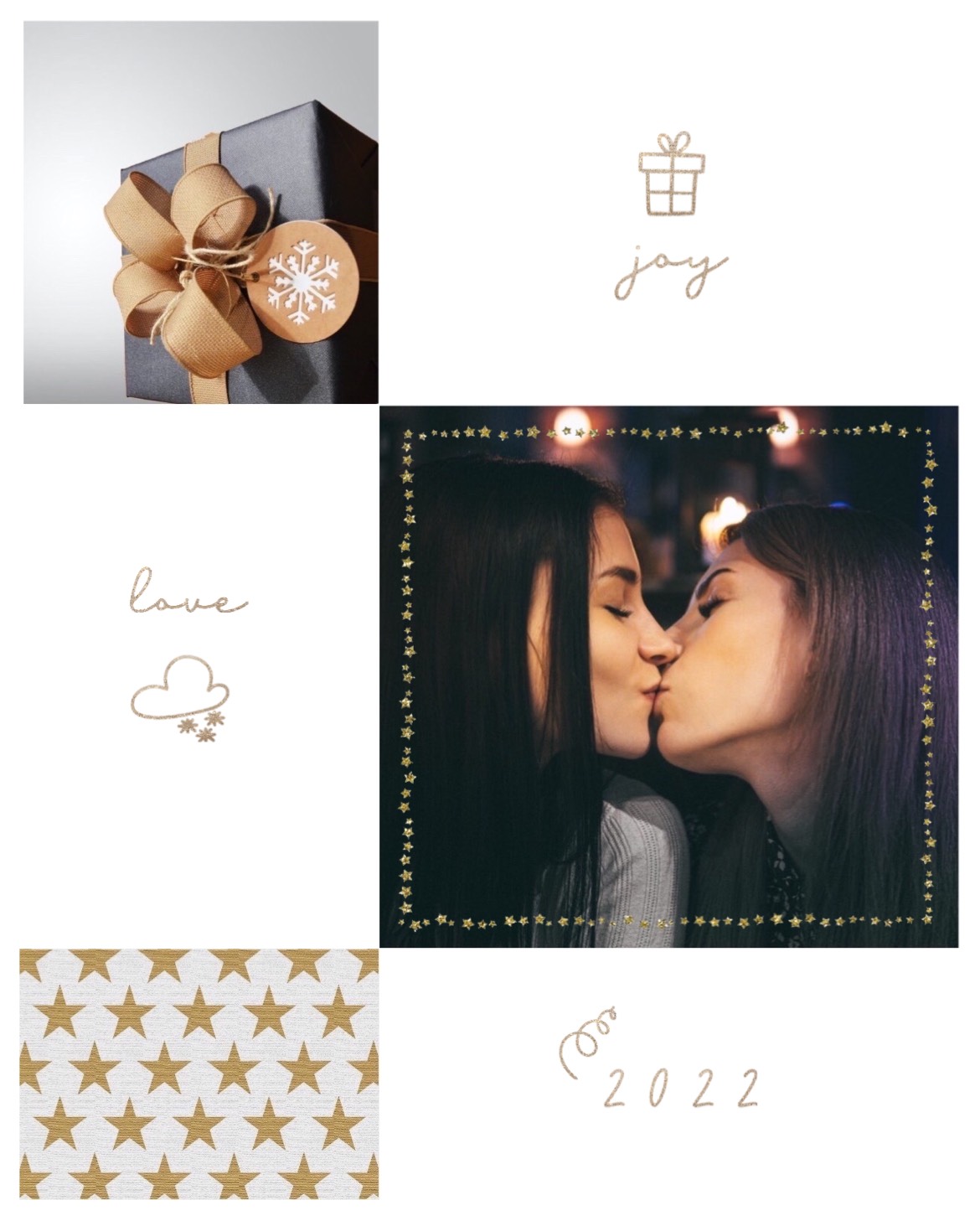 Gift, joy, love and woman kissing Happy New Year template