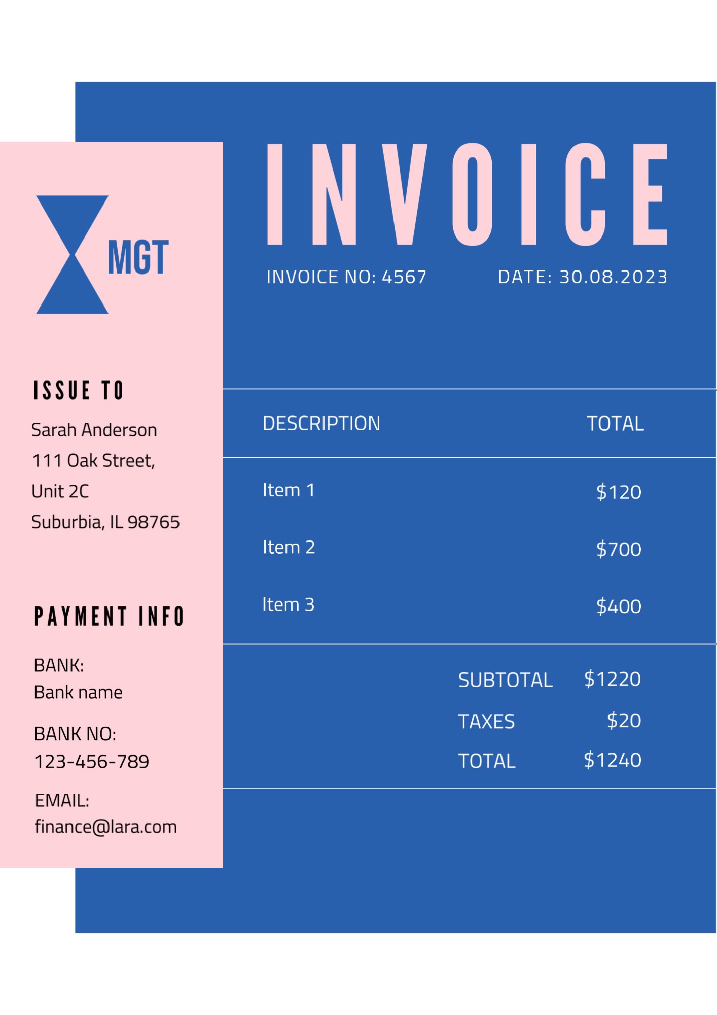  small business blue pink color block invoice template 