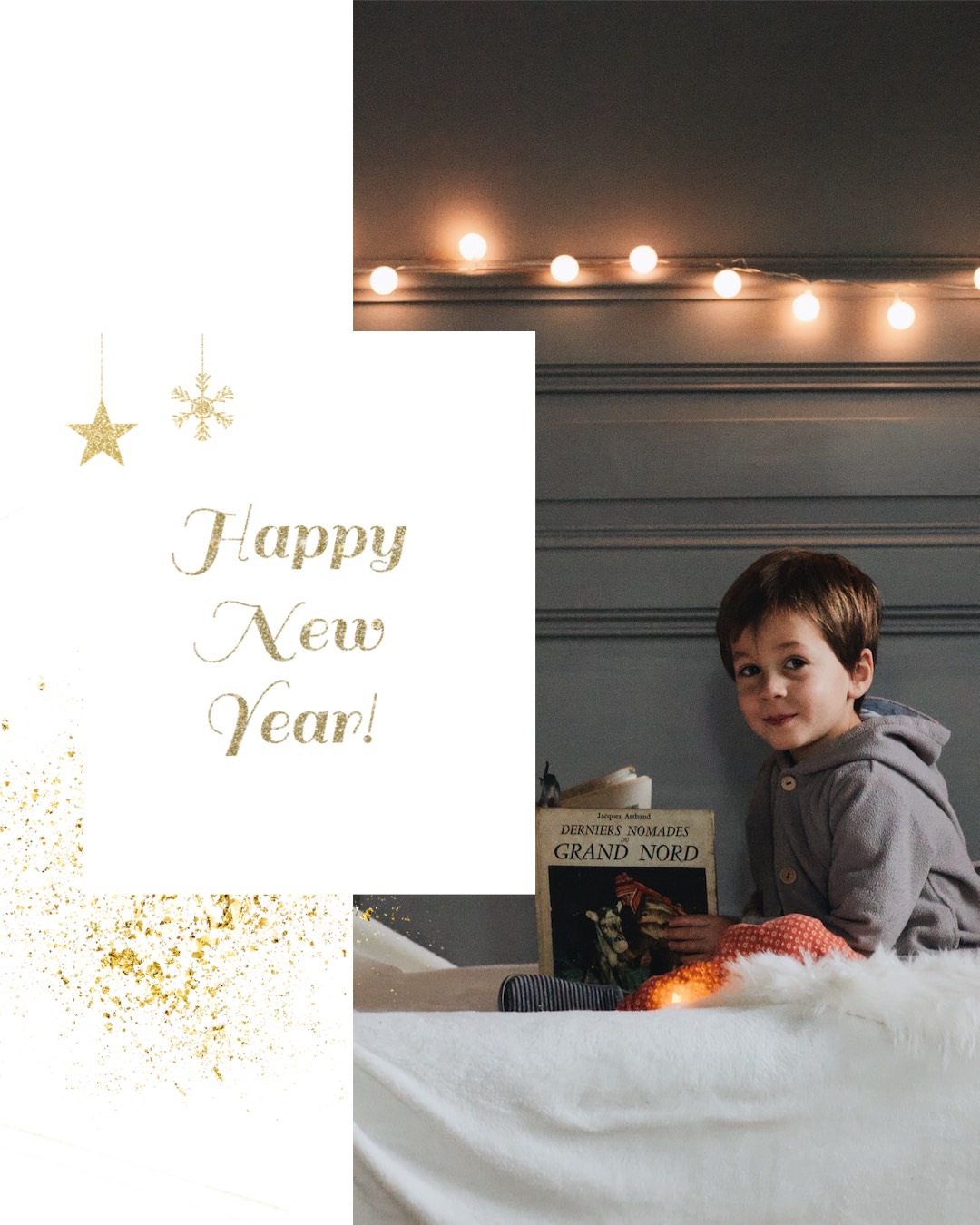 Boy sitting and smiling Happy New Year template