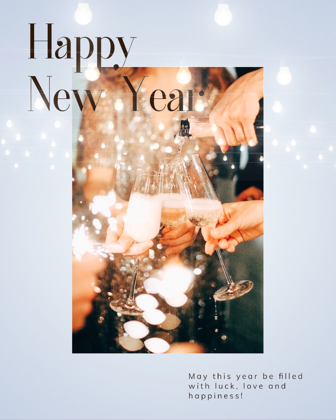 Pouring champagne for new year greetings Happy New Year template
