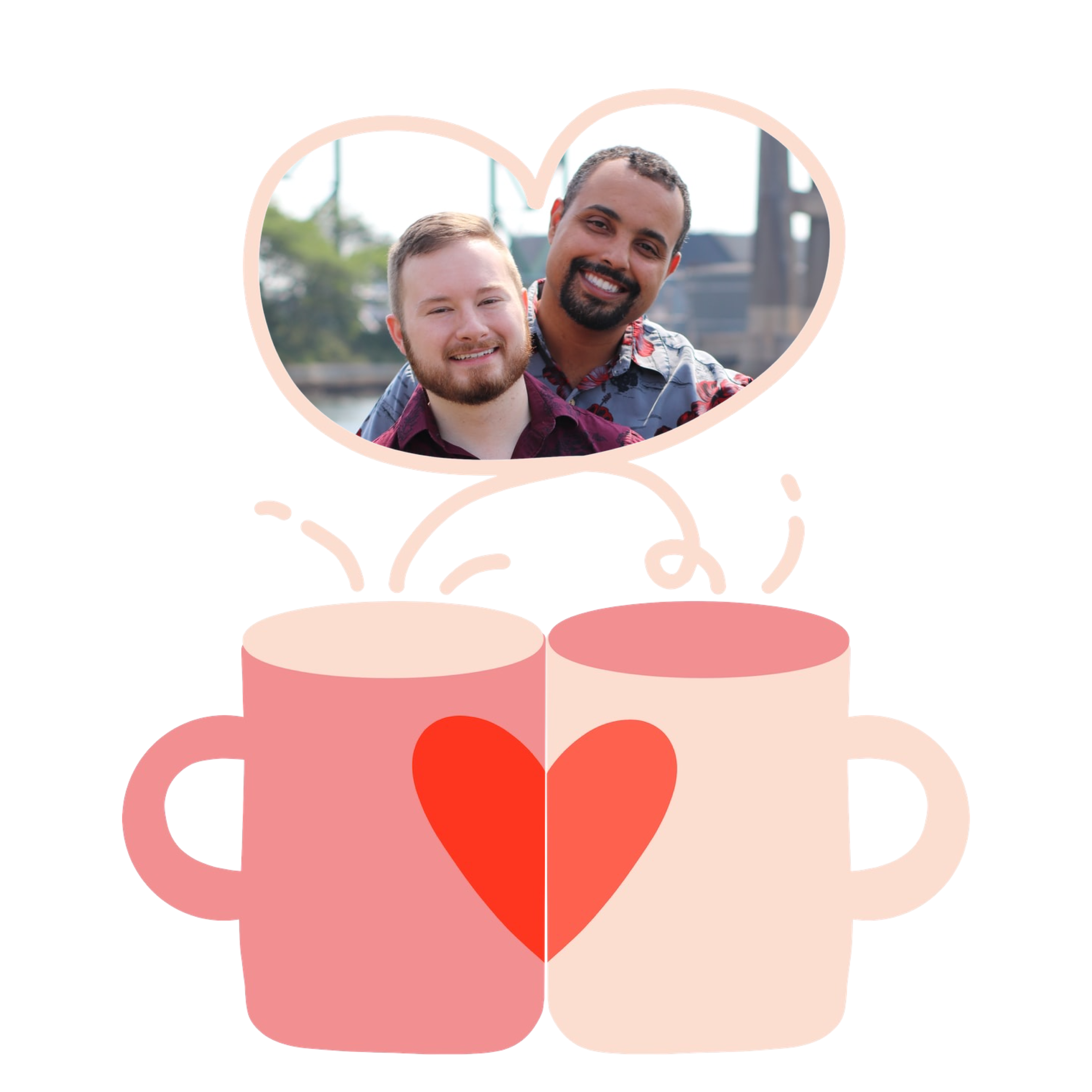A Couple Of People That Are Next To Some Coffee Mugs Love Stickers Template