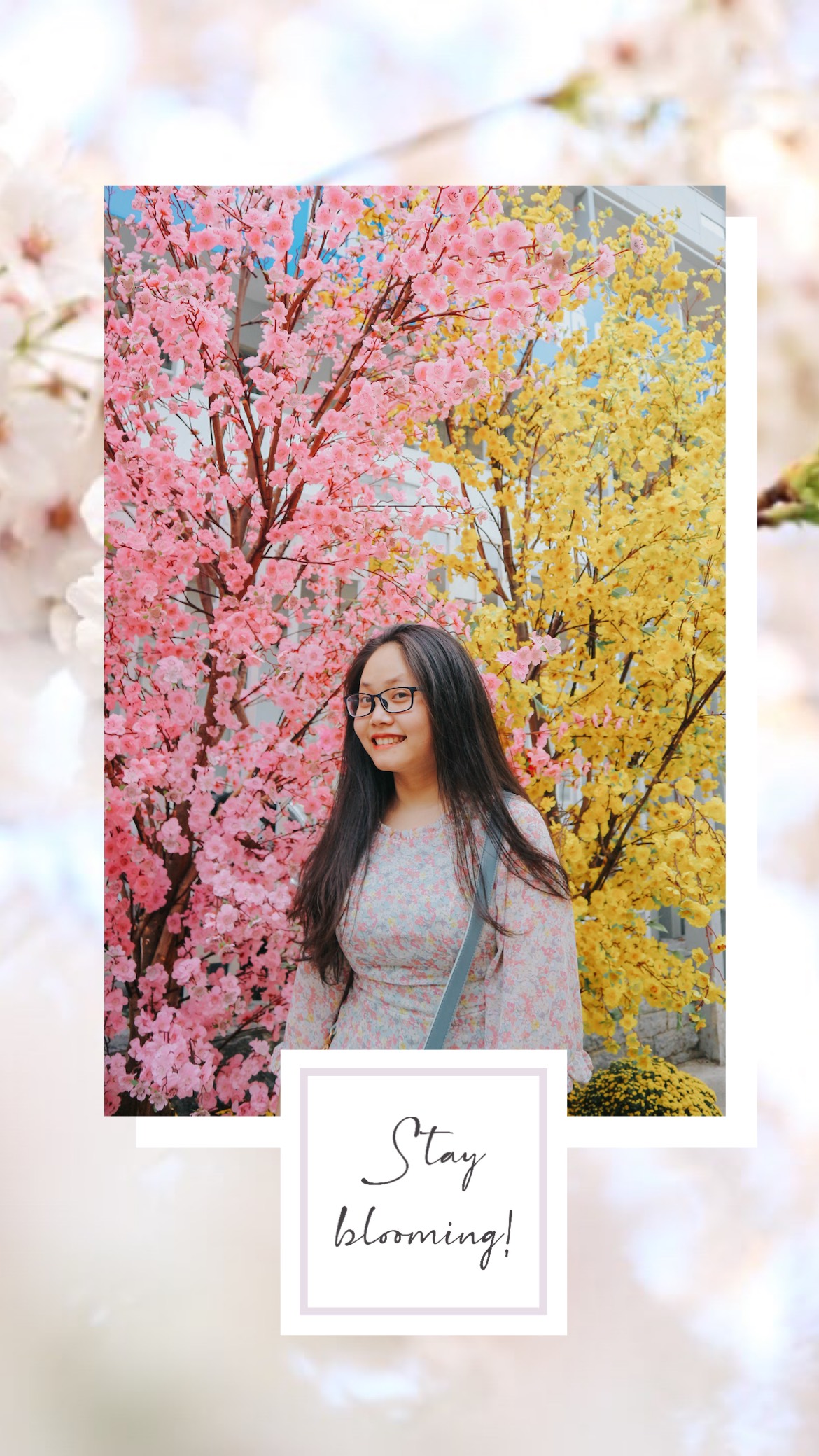 A Woman Standing In Front Of A Flowering Tree Spring Story Template
