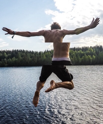 A Man Jumping Into The Air Over A Lake Collage Art Template