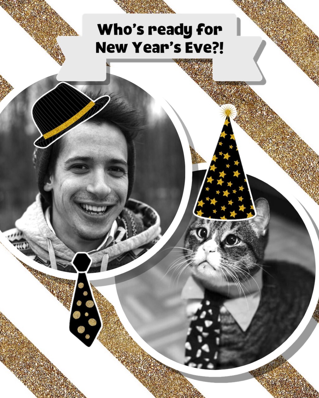 A Man Wearing A Hat And A Tie With A Cat Happy New Year Template