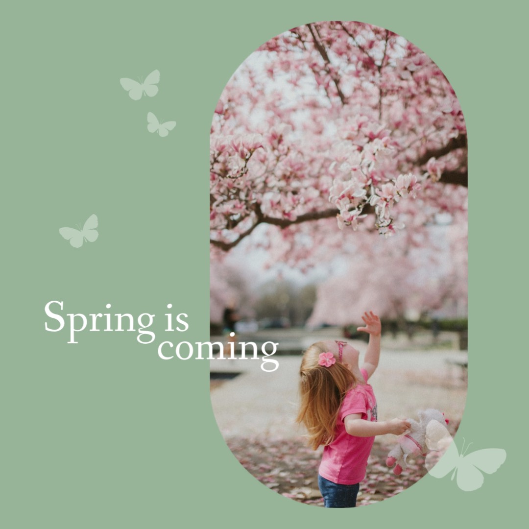 a photo of a kid reaching out to a blooming cherry tree Hello Spring Template