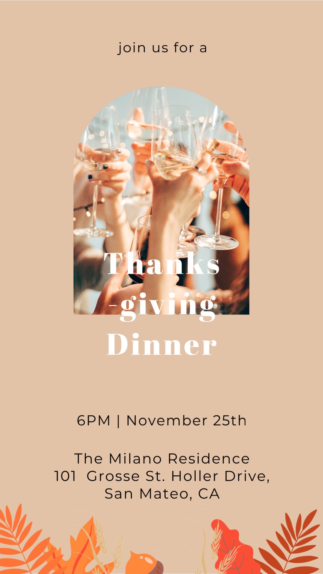 A Flyer For A Thanksgiving Dinner With A Picture Of People Holding Wine Glasses Thanksgiving Template