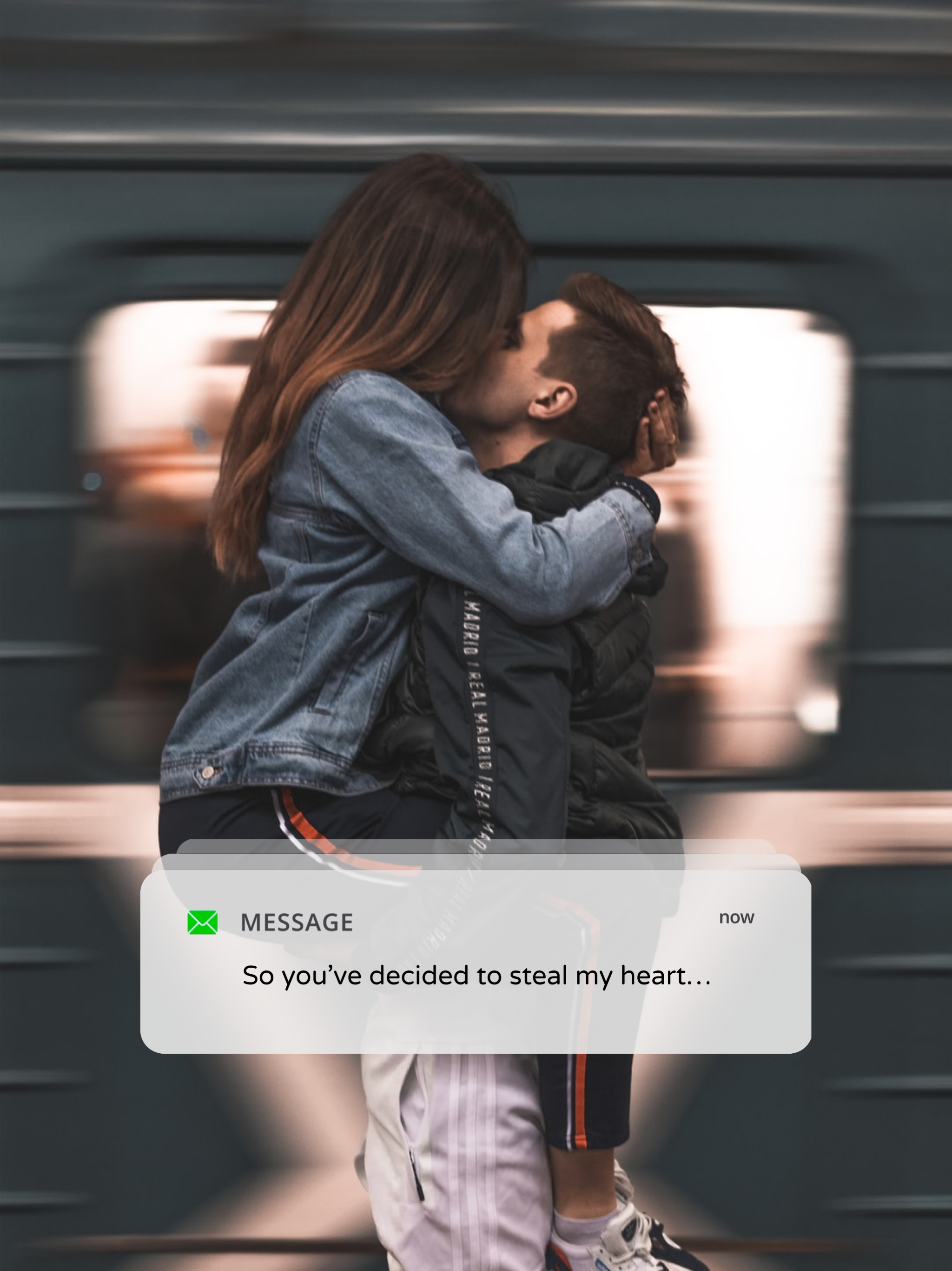 A Man And A Woman Kissing On A Train Notifications Template