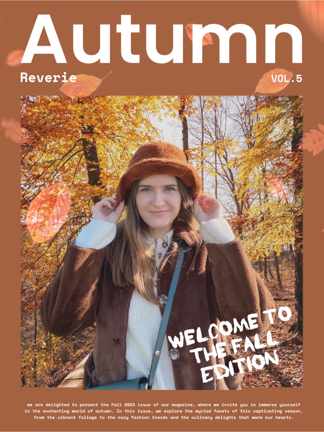 fall autumn magazine edition brown and white colours with hand writing font magazine cover template 