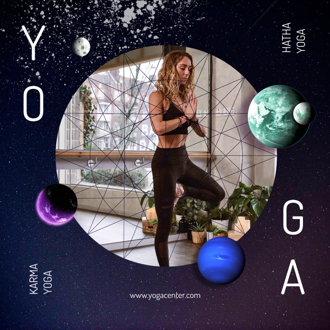 Woman doing yoga and space graphics Facebook post template