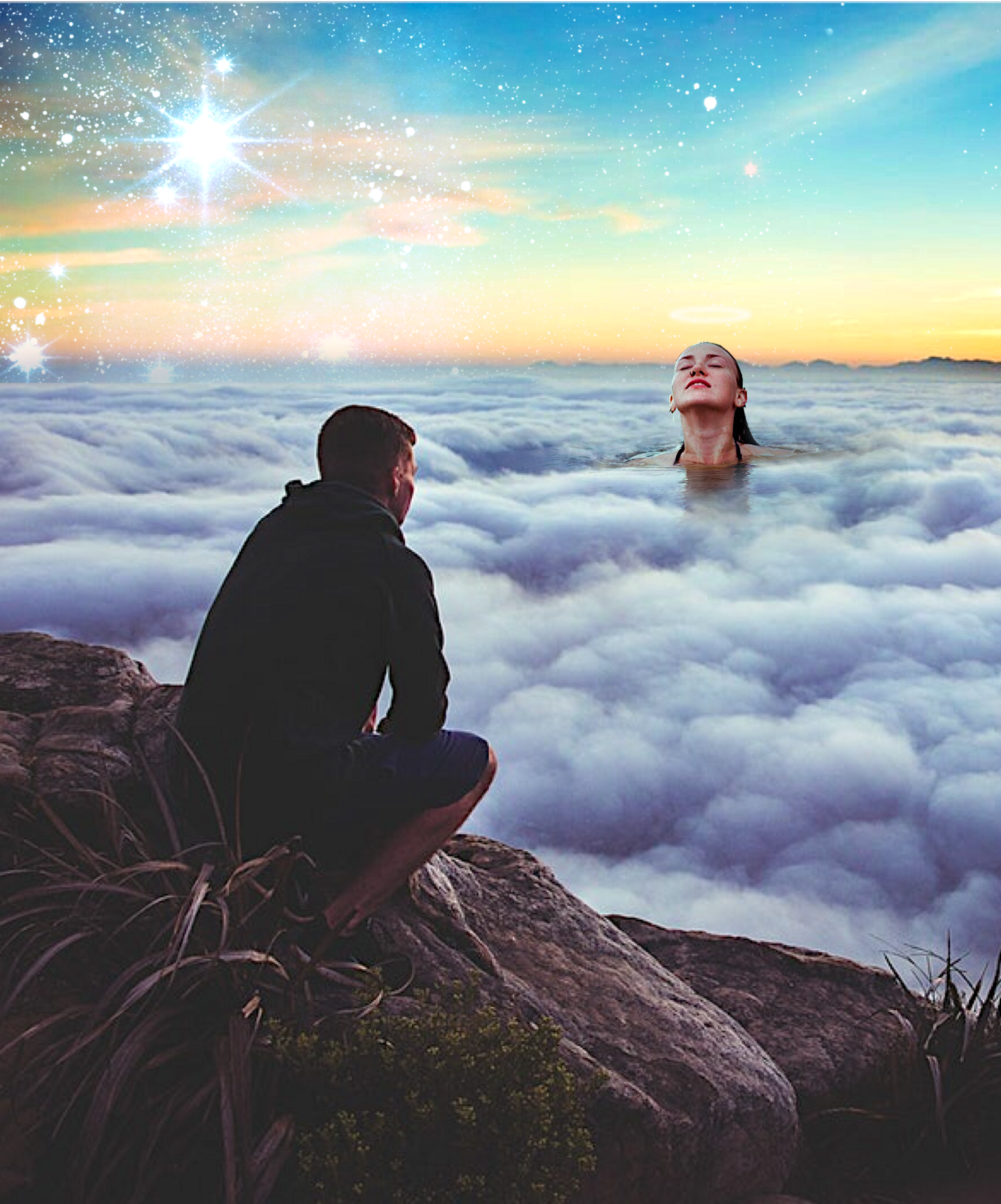 A Man And A Woman Sitting On A Rock Looking At The Sky Collage Art Template