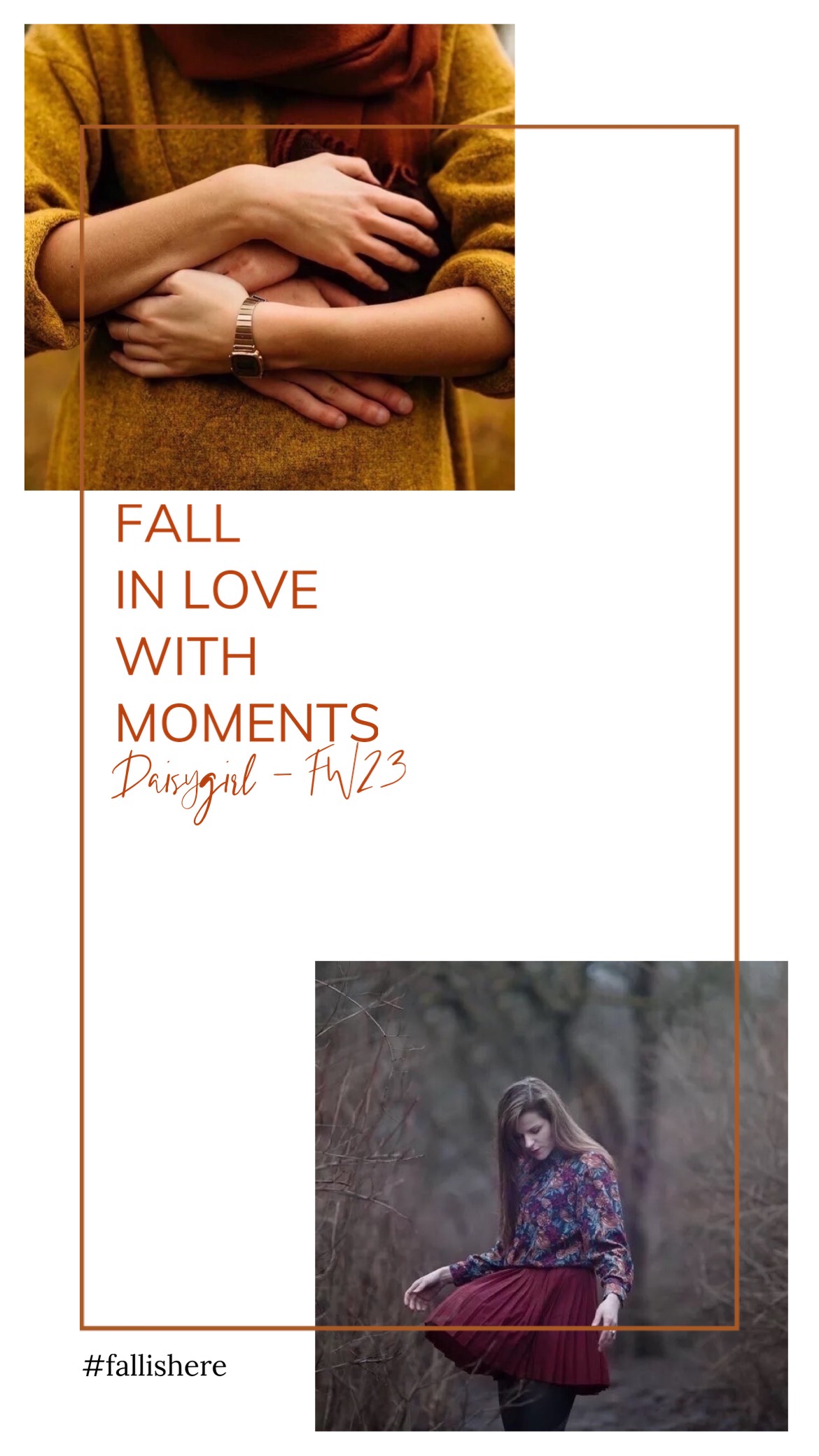 A Woman With Her Hands On Her Chest And The Words Fall In Love With Moments Template