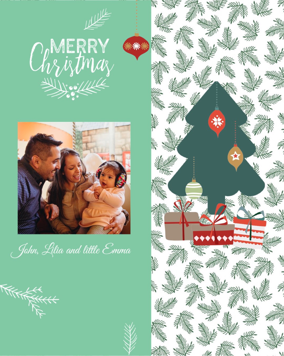 A Christmas Card With A Family And A Christmas Tree Merry Christmas Template