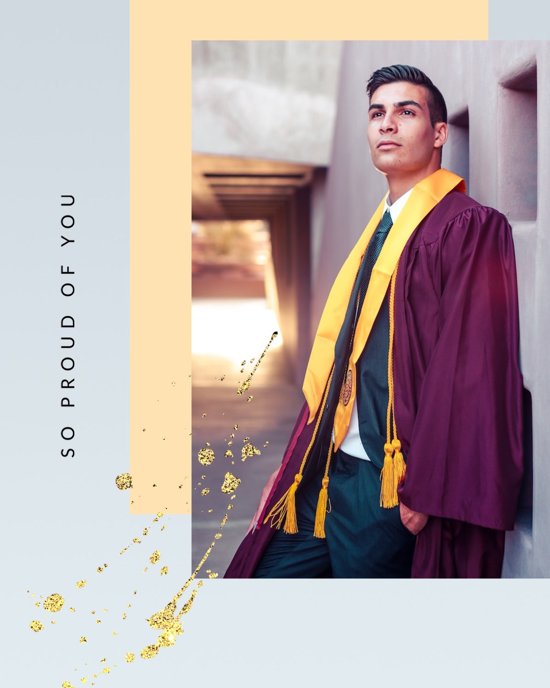 A Man In A Graduation Gown Leaning Against A Wall Graduation Template