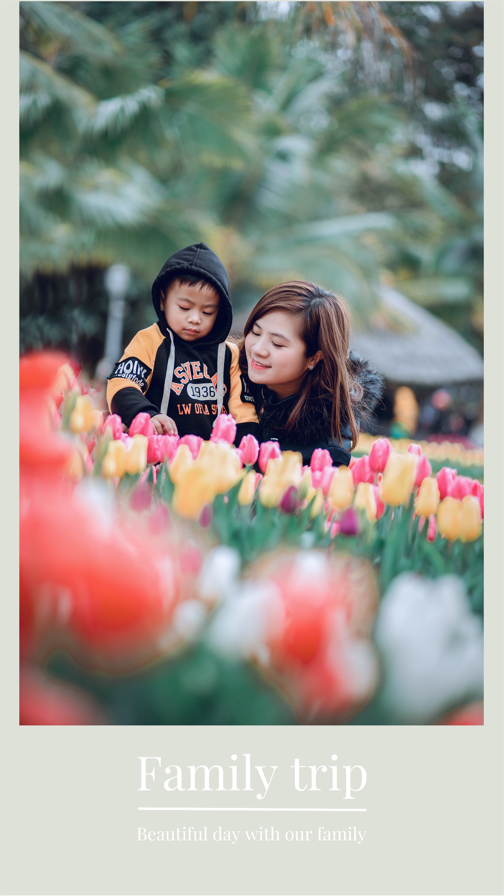 Asian family mother and son flowers field  Instagram story template