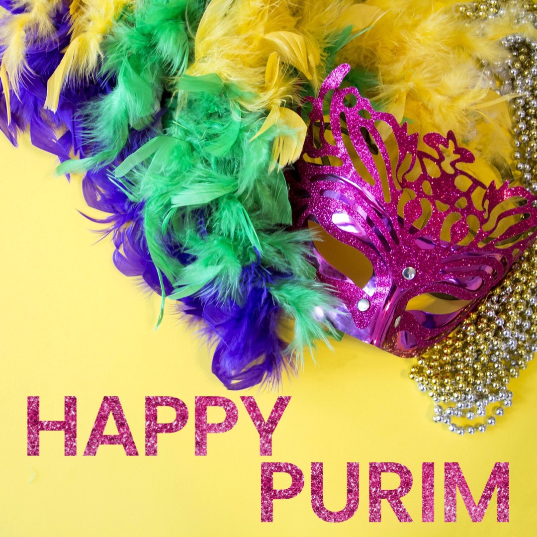 Purim masks on a yellow background instagram post template