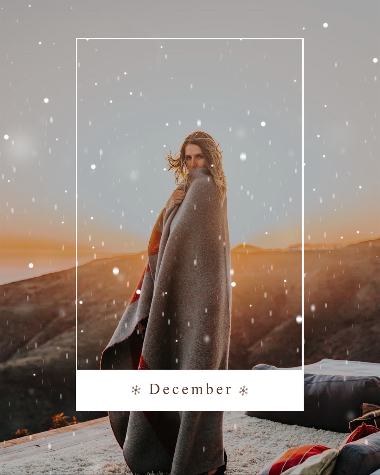 A Woman Wrapped In A Blanket Standing On Top Of A Mountain Winter Wonderland Template