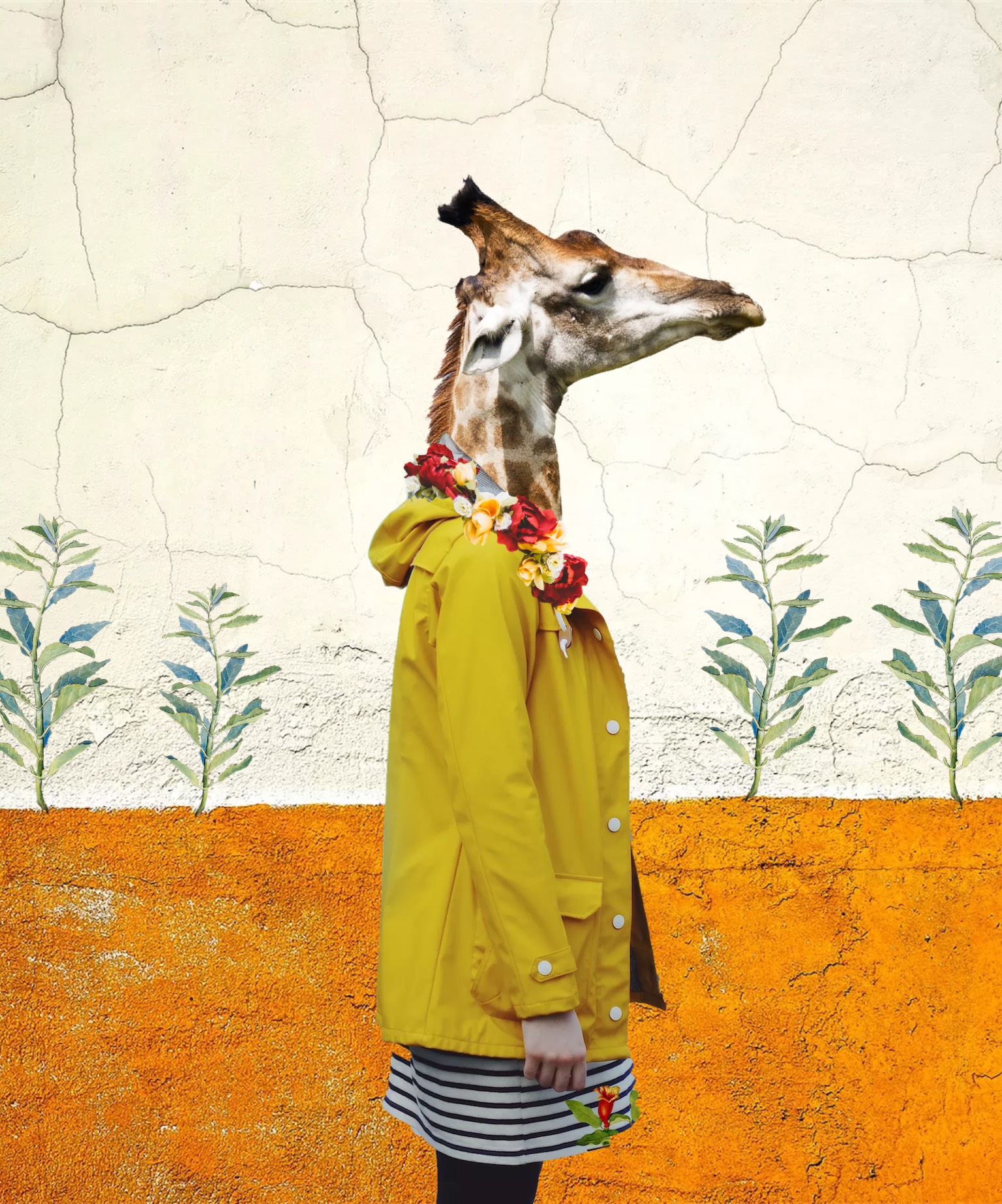 Giraffe head woman collage art template